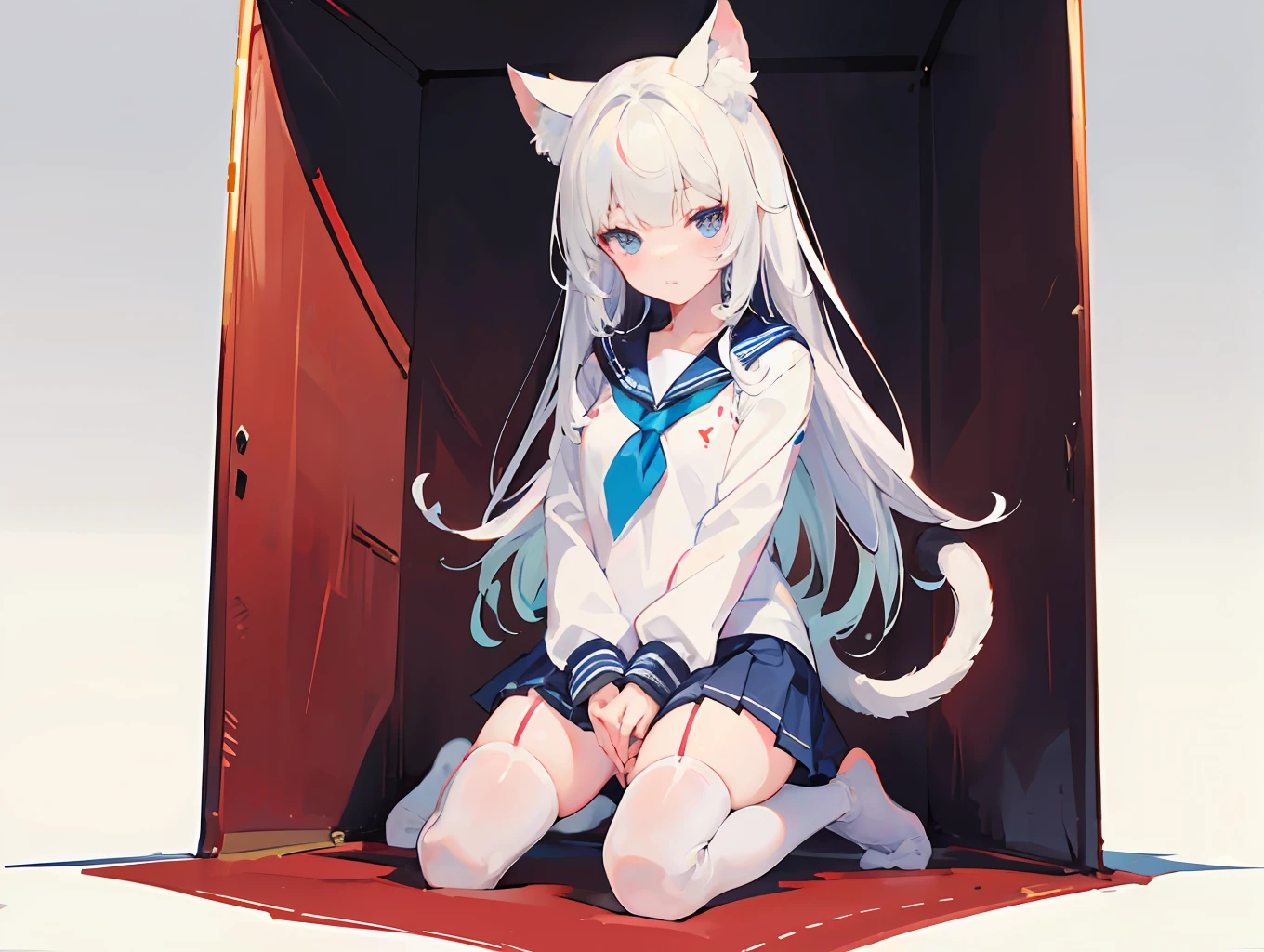 A high-quality masterpiece with meticulous rendering，Anime cute loli cat ear lady kneeling in the box，Wear cute sailor suits and white stockings，Long light white hair hanging down lazily。