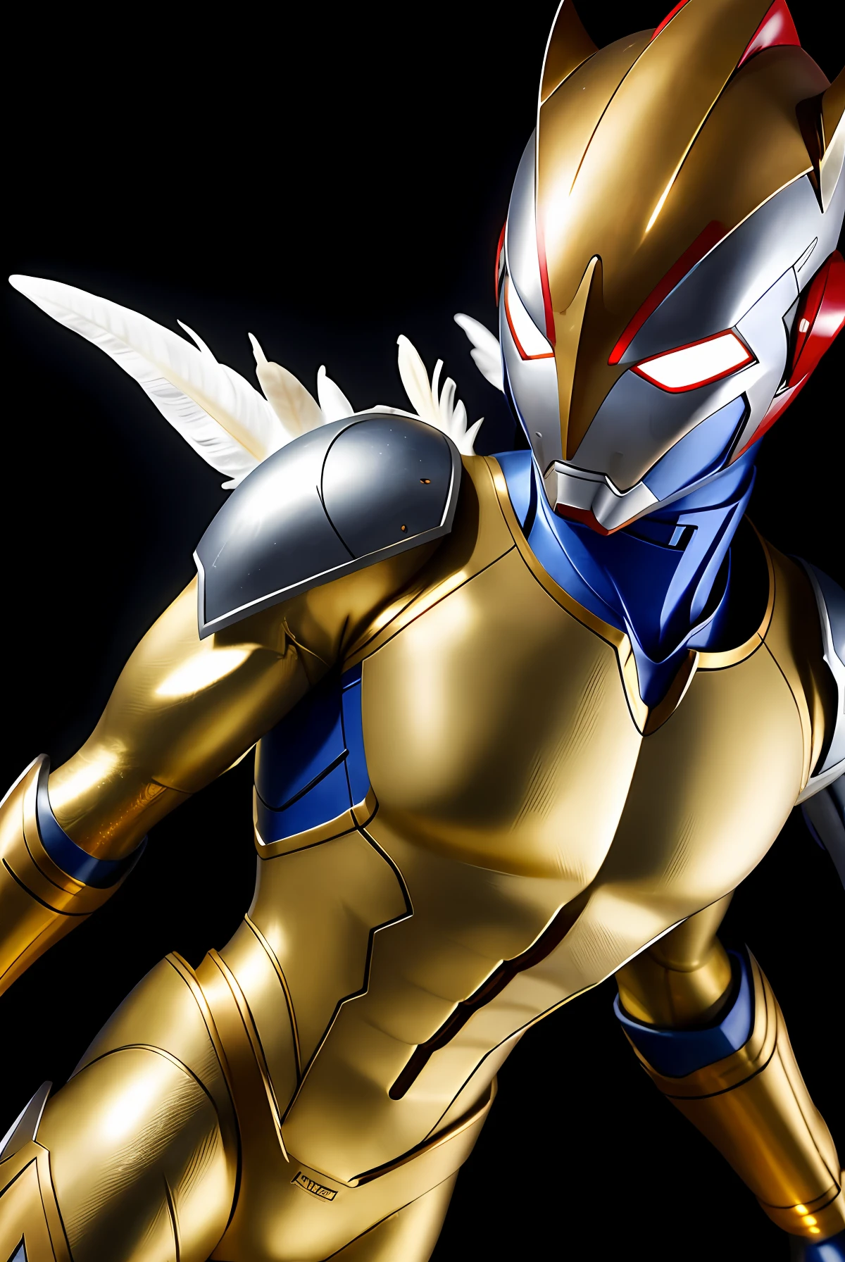 s Ultraman,Light gold armor all over,The head has four feathers,The underside of the body is silver