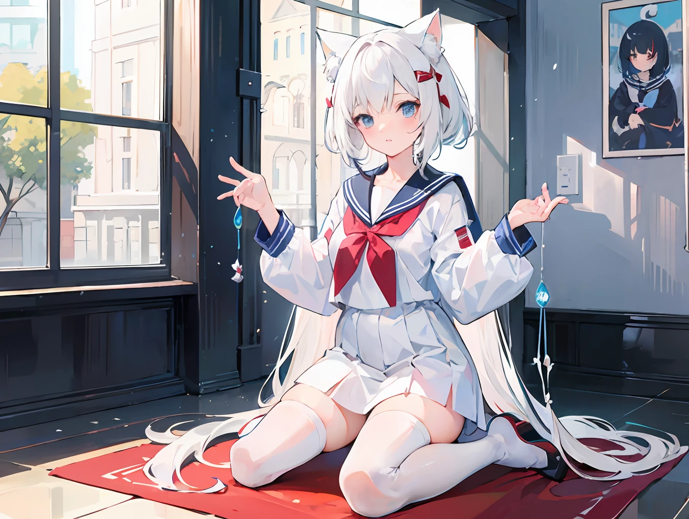 A high-quality masterpiece with meticulous rendering，Anime cute  cat ear lady kneeling in the box，Wear cute sailor suits and white stockings，Long light white hair hanging down lazily。