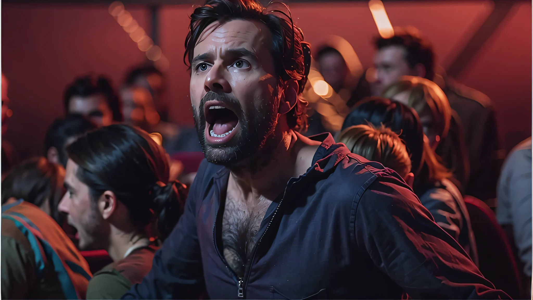 A man with a beard and shirt is screaming, 8 k filme ainda, filme Logan fotorrealista ainda, filme ainda 8K, award winning cinematic still, (fire), Denis Villeneuve filme ainda, Filme 8K ainda, 8k hdr filme ainda, 8 K HDR filme ainda, irritado 8 k, Denis Villeneuve filme olhar, cinematic still, Logan