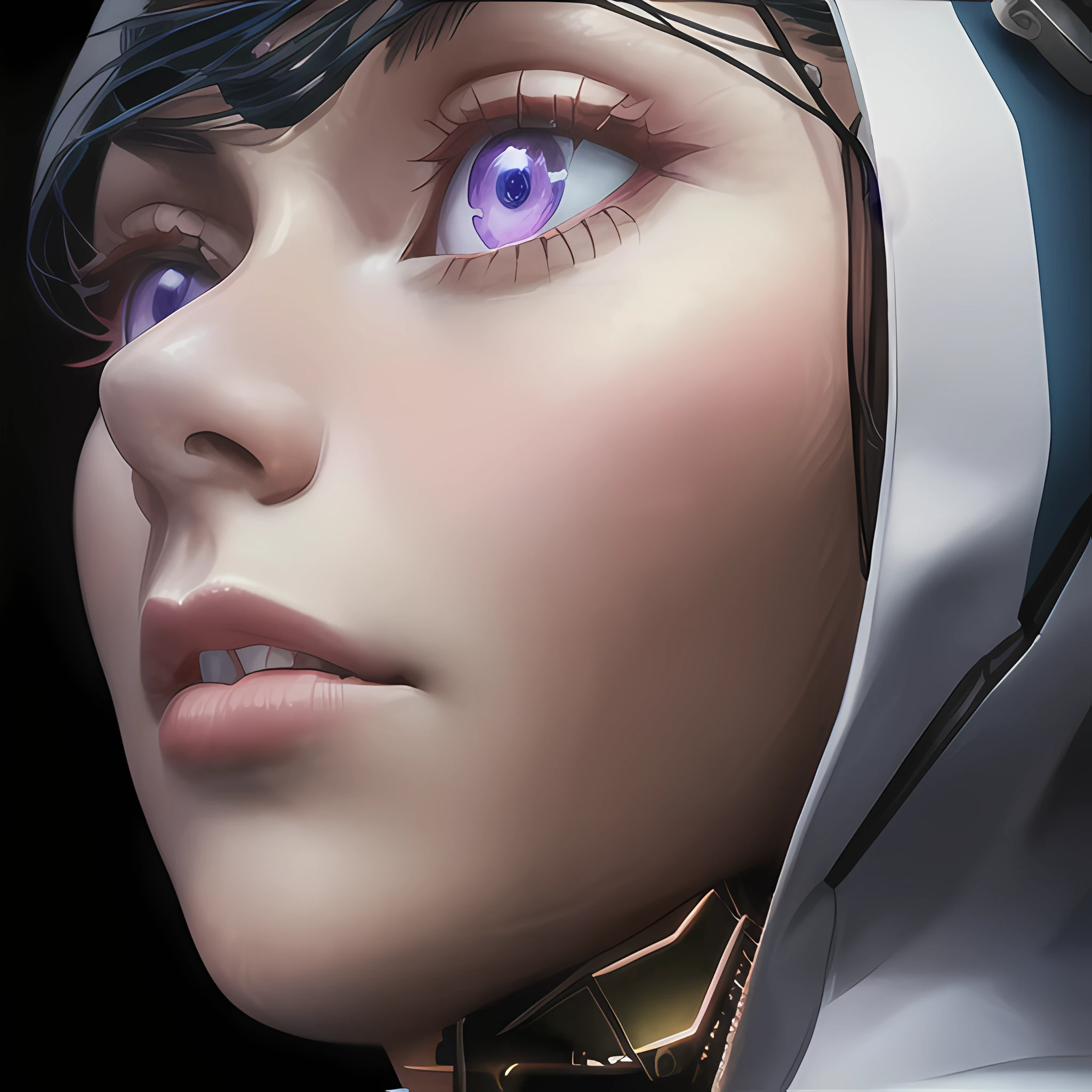 middled age woman with a hood on & with giant eyes!!!, & her expression is solemn, colorfull anime portait, colorfull anime profile, solemn expression, mysterious portrait of a woman, inspired by Naruto anime series, myself, mysterious portrait, mysterious eerie portrait, night!!! (((masterpiece))), (((best quality))), ((ultra-detailed)), (highly detailed CG illustration), ((an extremely delicate and beautiful)),(from side),cinematic light,((1mechanical girl)),solo,full body,(machine made joints:1.2),((machanical limbs)),(blood vessels connected to tubes),(mechanical vertebra attaching to back),((mechanical cervial attaching to neck)),(sitting),expressionless,(wires and cables attaching to neck:1.2),(wires and cables on head:1.2)(character focus),science fiction,white background, extreme detailed,colorful,highest detailed