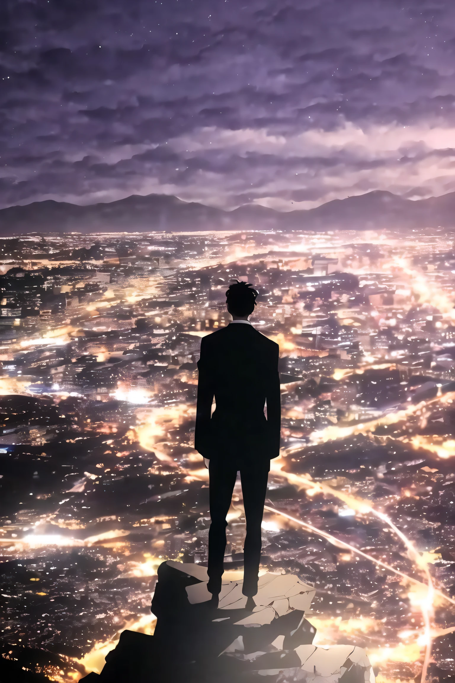 one man standing on the edge of a mountain looking out over the city, shadow, city, mountainous horizon, purple glow, night, city lights,