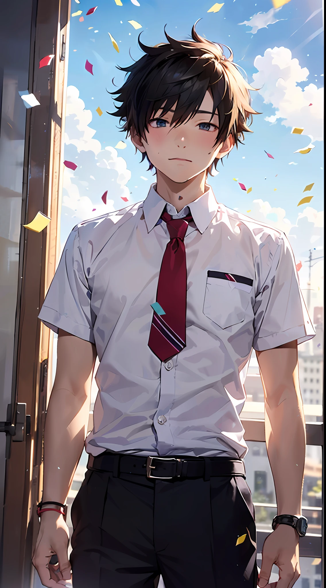 Master masterpiece、best qualtiy、8K、(16 years old male:1.5)、katsuki bakugou, blush,Grimace,(Confetti:1.2),(have a bouquet:1.2)、White shirt with short sleeves、red necktie、Beautiful sky background