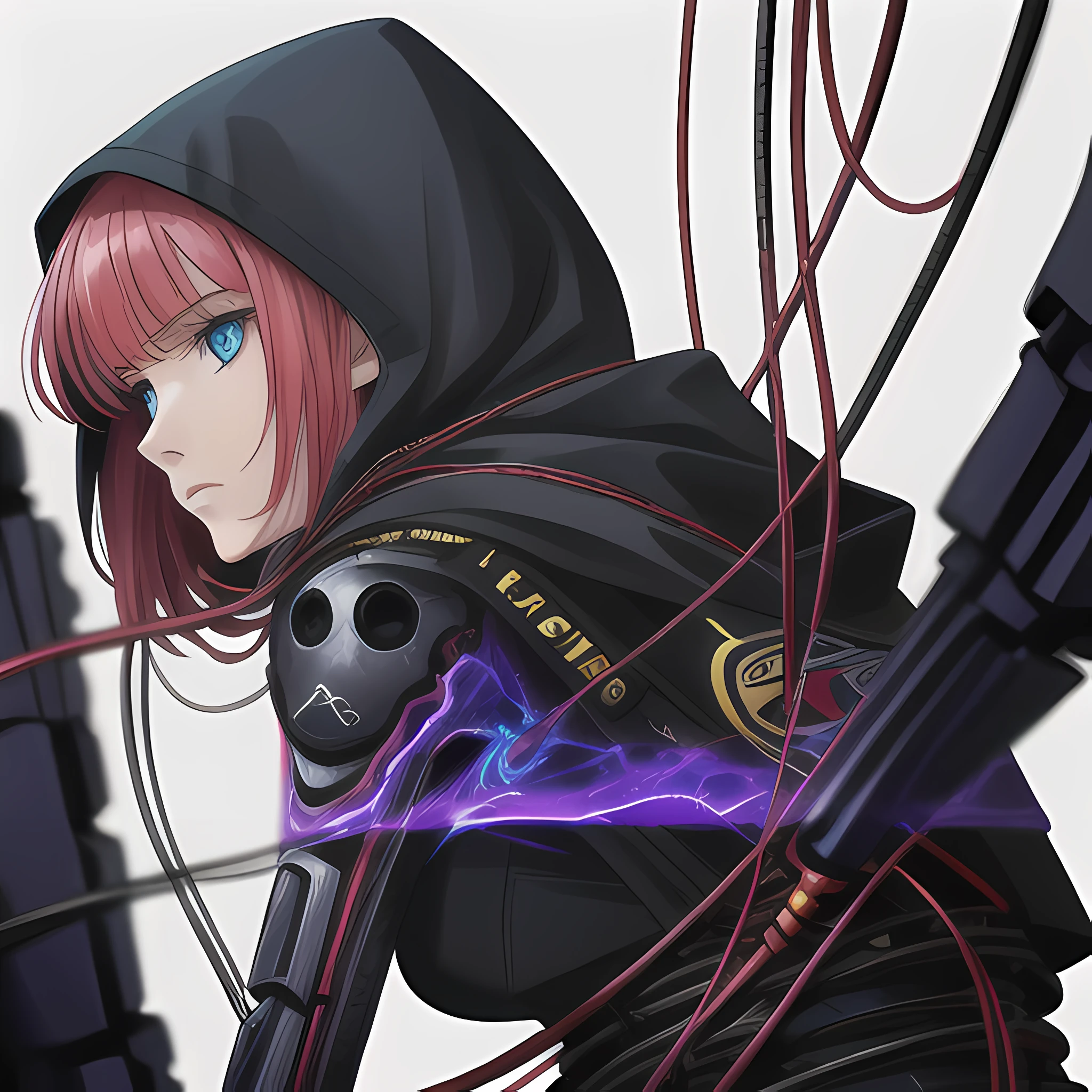 middled age woman with a hood on & with giant eyes!!!, & her expression is solemn, colorfull anime portait, colorfull anime profile, solemn expression, mysterious portrait of a woman, inspired by Naruto anime series, myself, mysterious portrait, mysterious eerie portrait, night!!! (((masterpiece))), (((best quality))), ((ultra-detailed)), (highly detailed CG illustration), ((an extremely delicate and beautiful)),(from side),cinematic light,((1mechanical girl)),solo,full body,(machine made joints:1.2),((machanical limbs)),(blood vessels connected to tubes),(mechanical vertebra attaching to back),((mechanical cervial attaching to neck)),(sitting),expressionless,(wires and cables attaching to neck:1.2),(wires and cables on head:1.2)(character focus),science fiction,white background, extreme detailed,colorful,highest detailed
