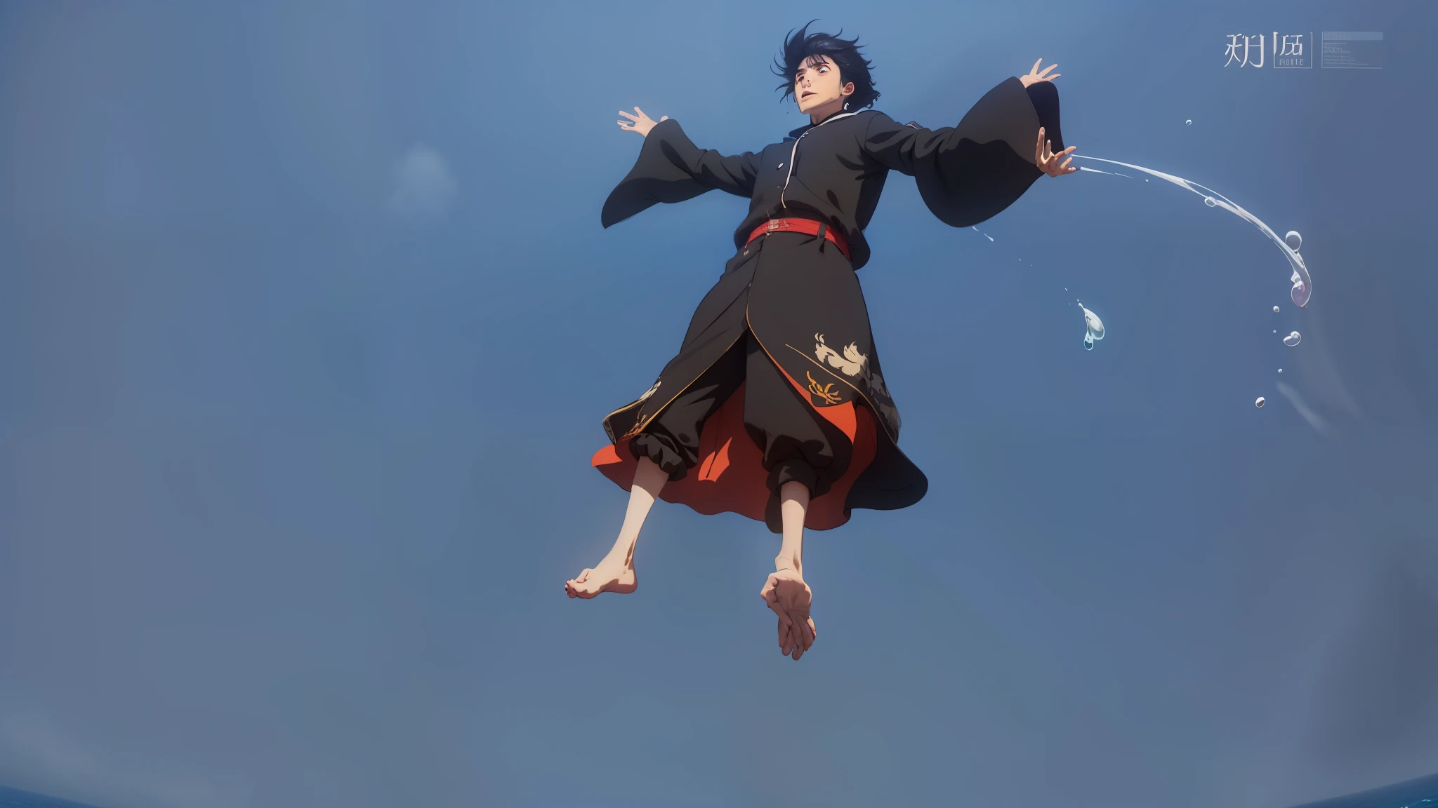 Blue sky,of a guy,Black color hair,with brown eye,floating in air,hands spread wide,Below is the calm sea