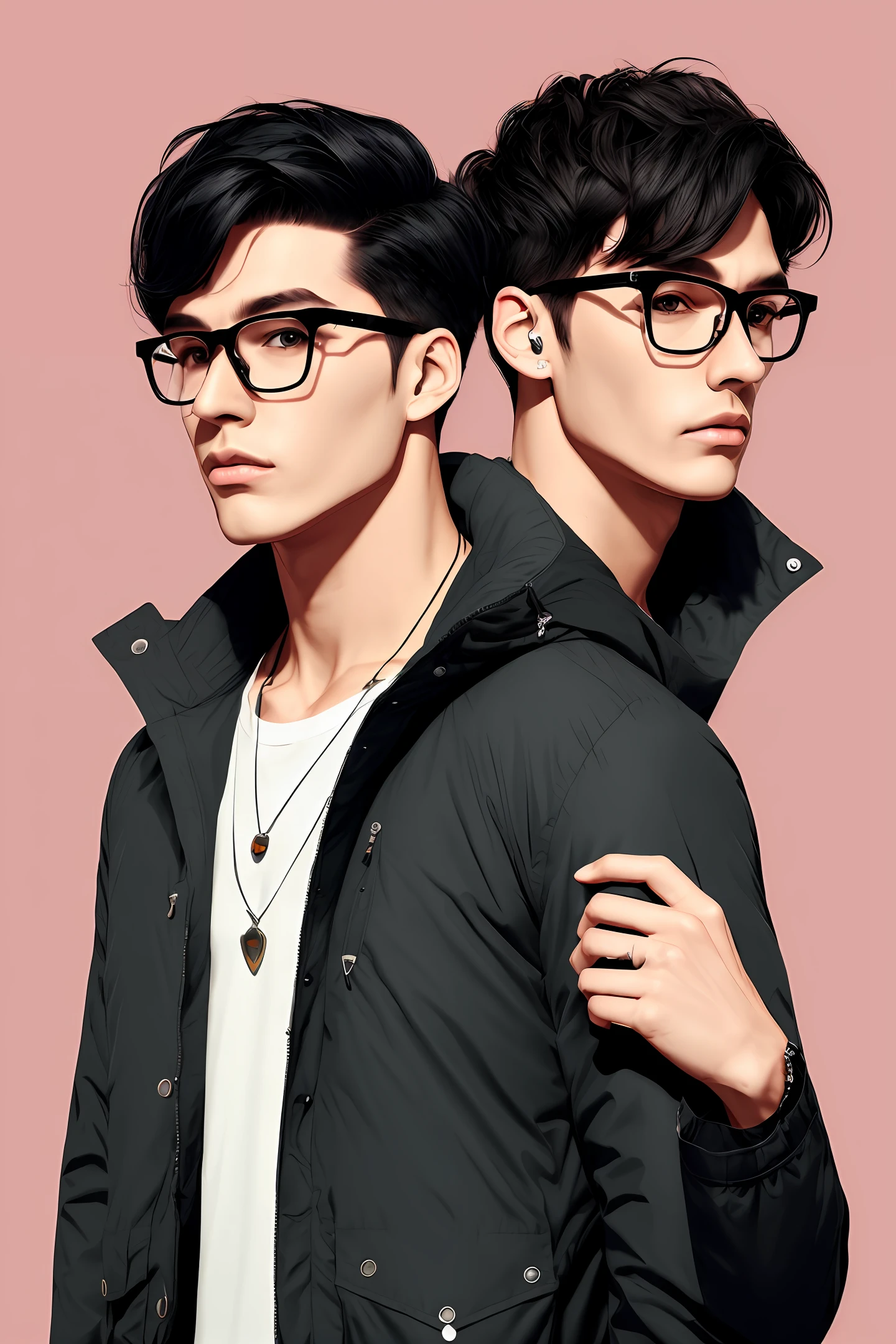 man
short hair
black hair
illustration
parka
Bad eyes
Black-rimmed glasses
necklace
Have appeal
muscularity
tall