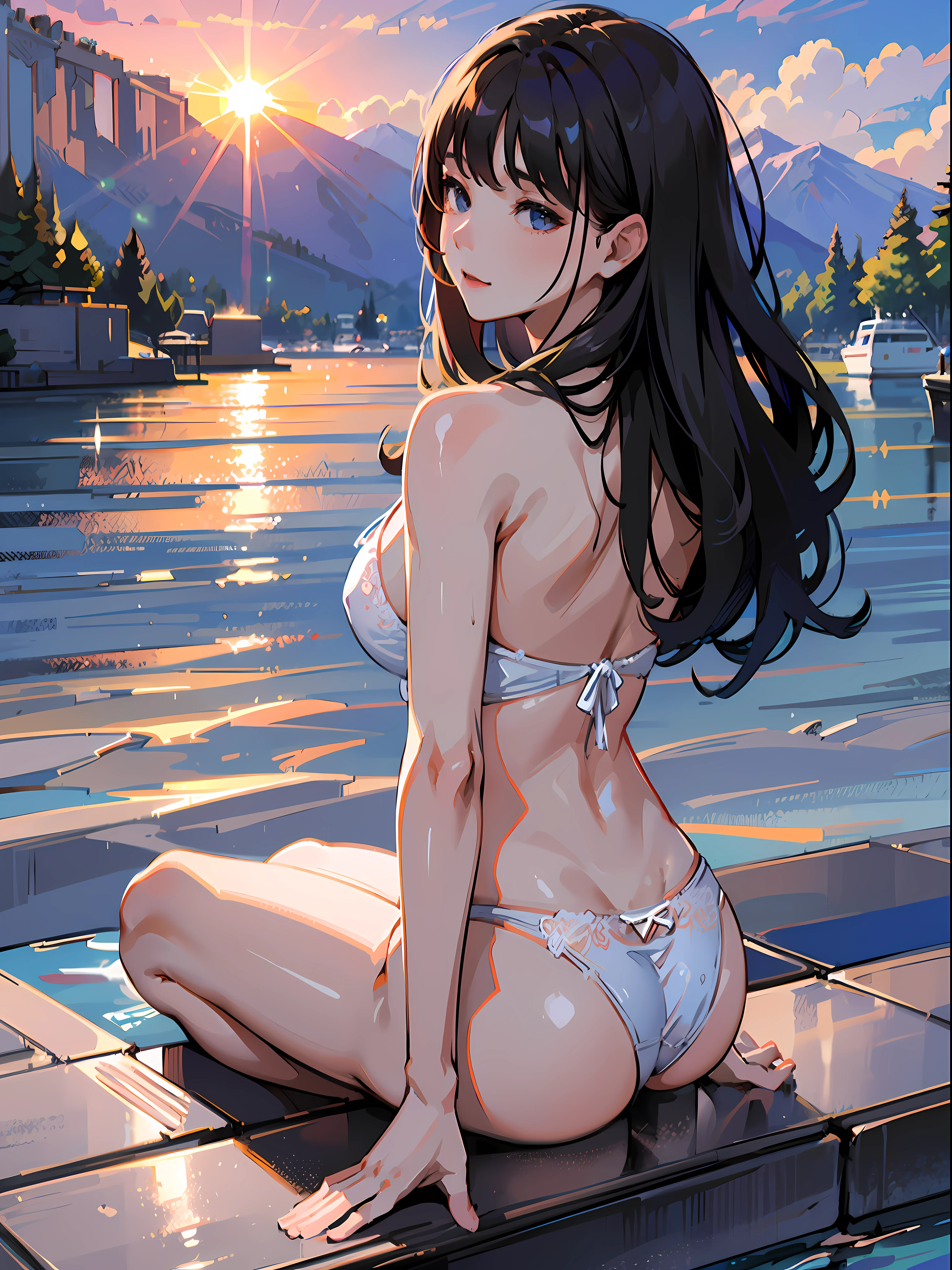 masutepiece,hyper quality, Hyper-detailing,Perfect drawing,nffsw,3D,8K,illustratio、Hi-Res、(((Two beautiful girls)))、The bikini、swim wears)、(Sitting on the breakwater)、Close your eyes、((French Kissing))、the setting sun、Horizon、shores、Back lighting、Sparkling water surface、beatiful backgrounds、Accurate drawing、Detailed drawing