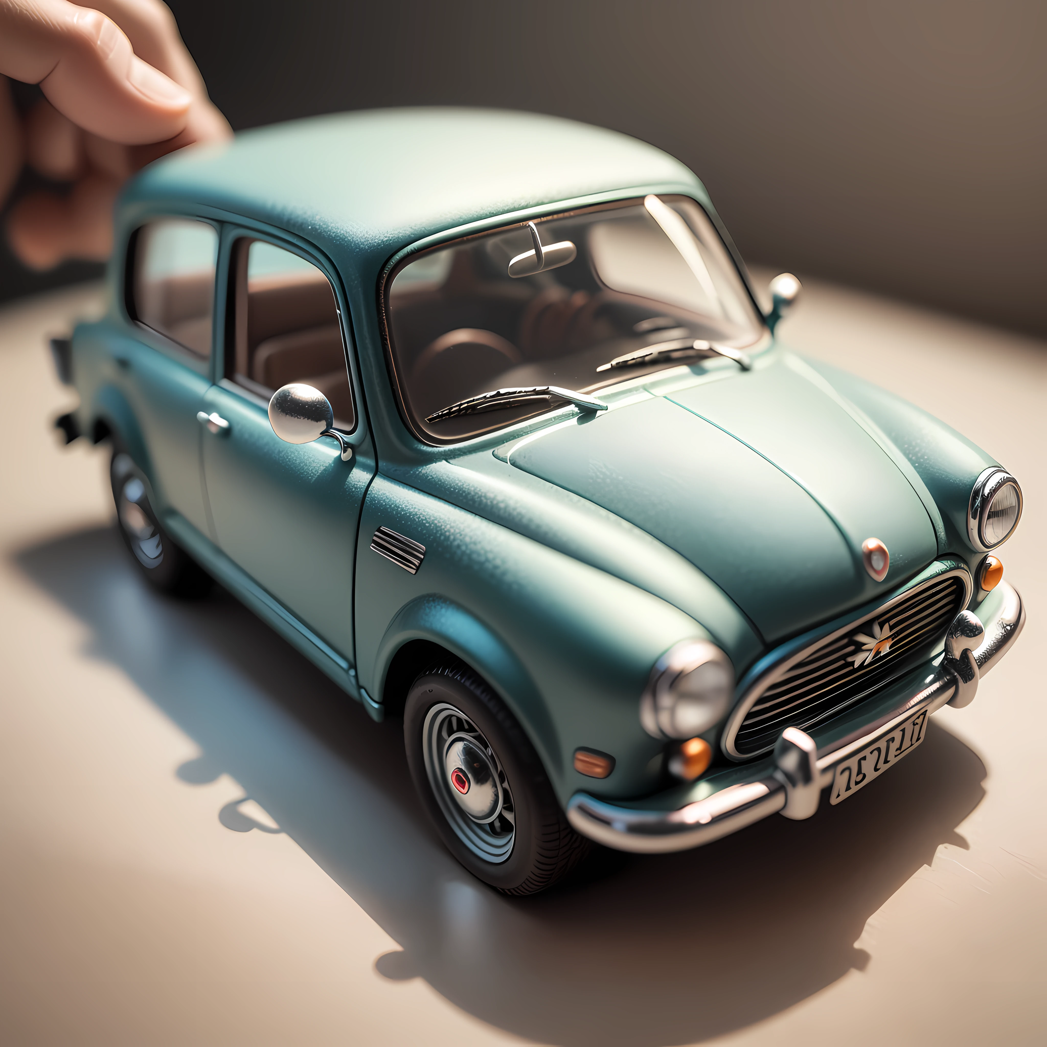 A small toy car, inside a blind box, placed on a tiny pedestal, against a clean white background, illuminated by artificial light. The artwork is of top-notch photographic quality, capturing every intricate detail of the toy car.