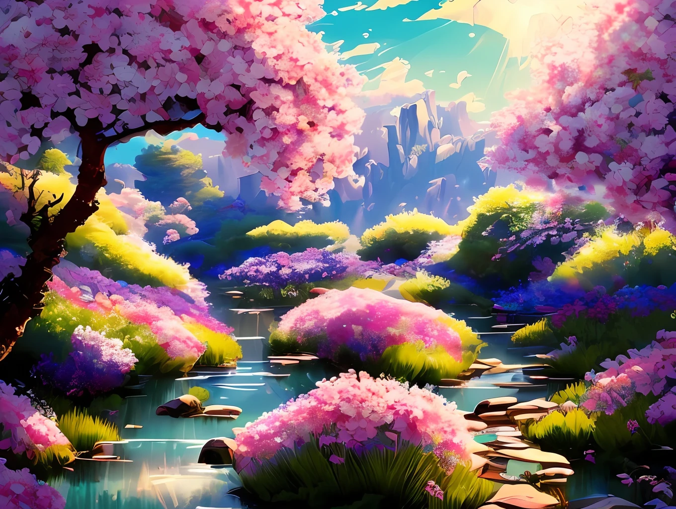 (best quality:1.2, masterpiece), Small streams flow water，Fantasy forest，On the green meadow，Blooming pink flowers。Sunlight shines through the foliage。In the distance are towering cliffs。with blue sky and white clouds，It's like a wonderland。