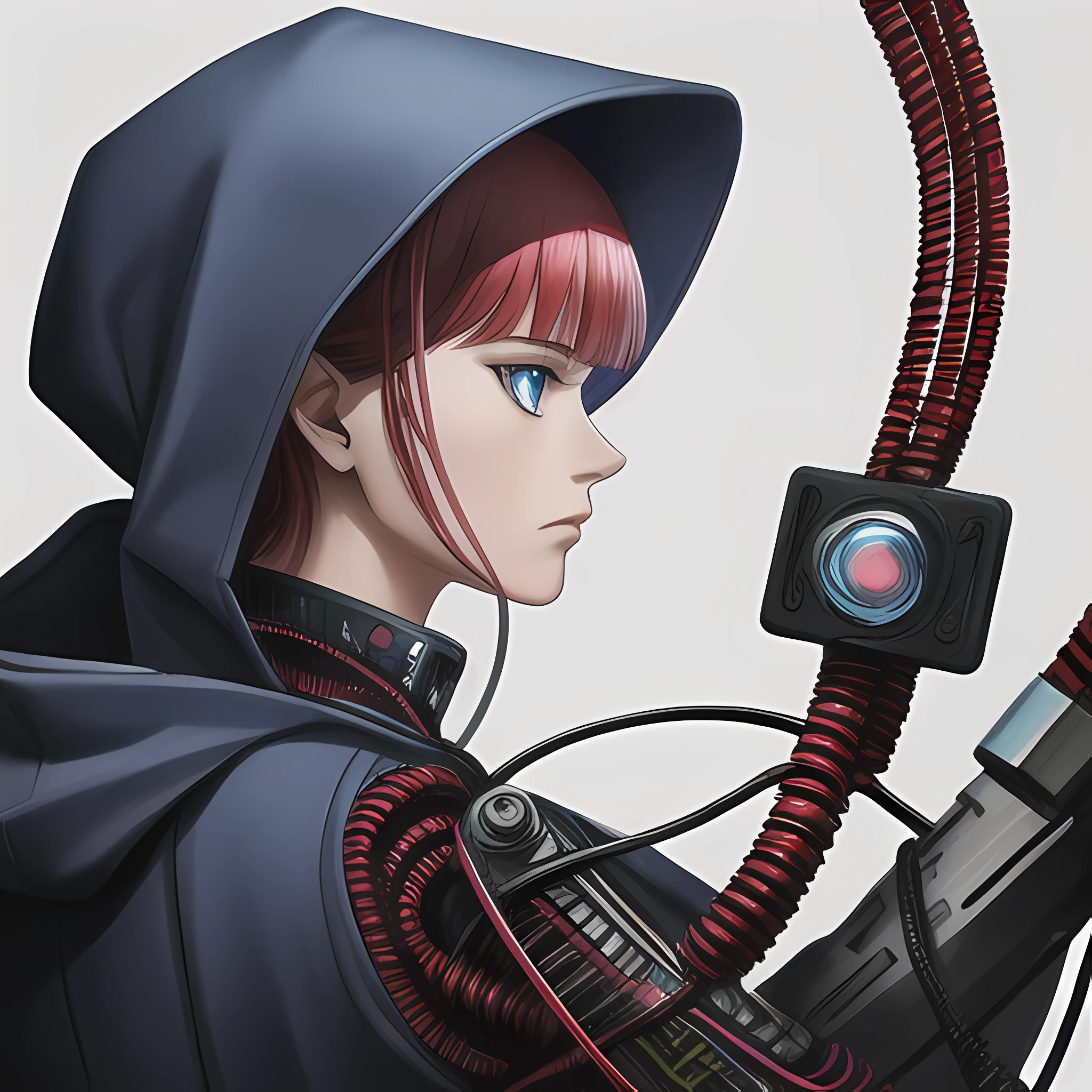 middled age woman with a hood on & with giant eyes!!!, & her expression is solemn, colorfull anime portait, colorfull anime profile, solemn expression, mysterious portrait of a woman, inspired by Naruto anime series, myself, mysterious portrait, mysterious eerie portrait, night!!! (((masterpiece))), (((best quality))), ((ultra-detailed)), (highly detailed CG illustration), ((an extremely delicate and beautiful)),(from side),cinematic light,((1mechanical girl)),solo,full body,(machine made joints:1.2),((machanical limbs)),(blood vessels connected to tubes),(mechanical vertebra attaching to back),((mechanical cervial attaching to neck)),(sitting),expressionless,(wires and cables attaching to neck:1.2),(wires and cables on head:1.2)(character focus),science fiction,white background, extreme detailed,colorful,highest detailed