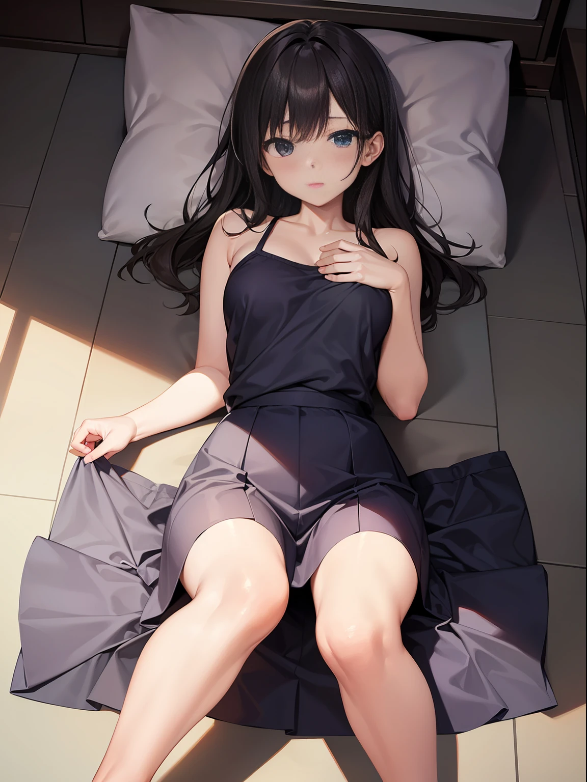 High school girl lying on her back、(raise her legs1.4)、Knees on chest、 Hold your thighs with both hands
