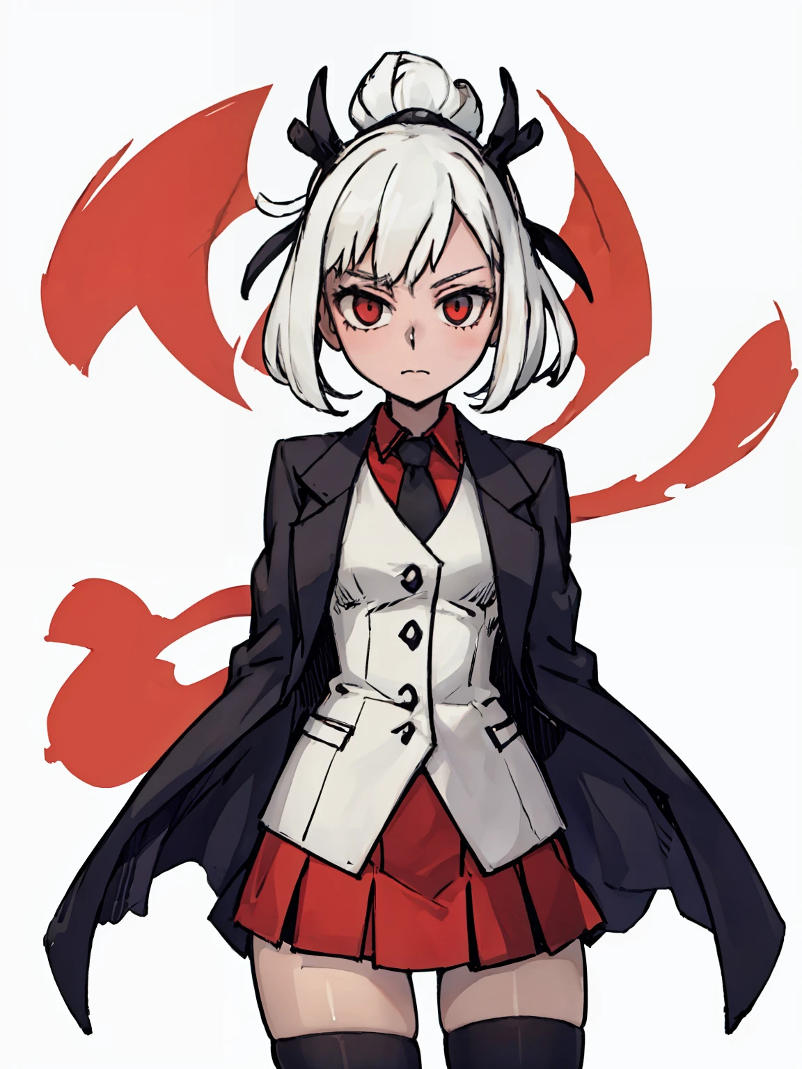 A girl，white color hair，((blacksuit), (Red lining),(short  skirt)), Half-body standing, White background