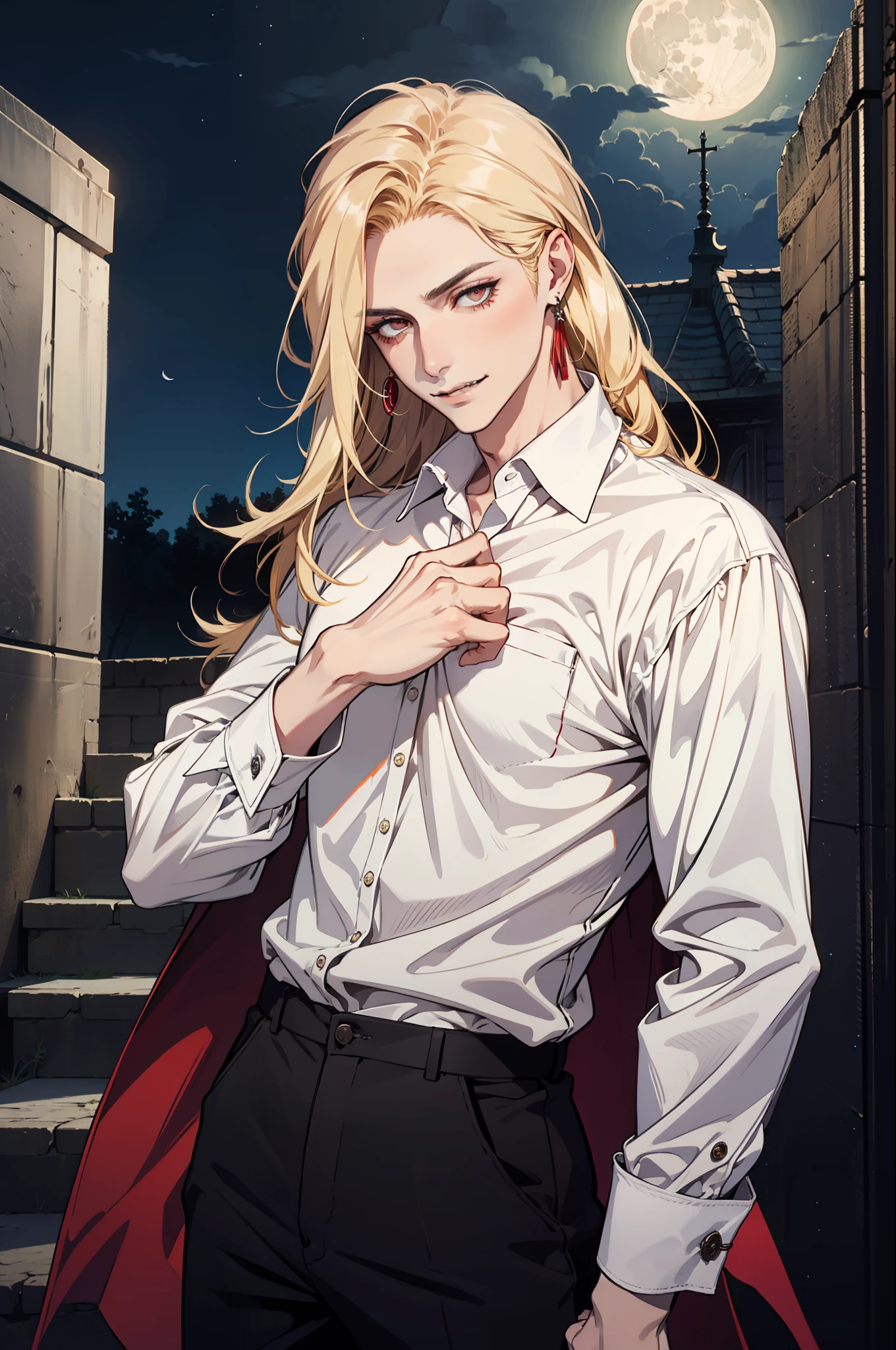 (absurdres, highres, ultra detailed), 1man, 30 years old man, adult man, handsome, tall,, finely detailed eyes and detailed face, leather pants, (((white shirt))), night, smile, dutch angle, ((long hair, blonde hair)), moon, gold details, earrings, gothic, vampire, vampire prince, dark, simple clothes, looking at the view, pale skin, red detailed eyes, (masculine), sexy, elegant, long bangs, detailed hands