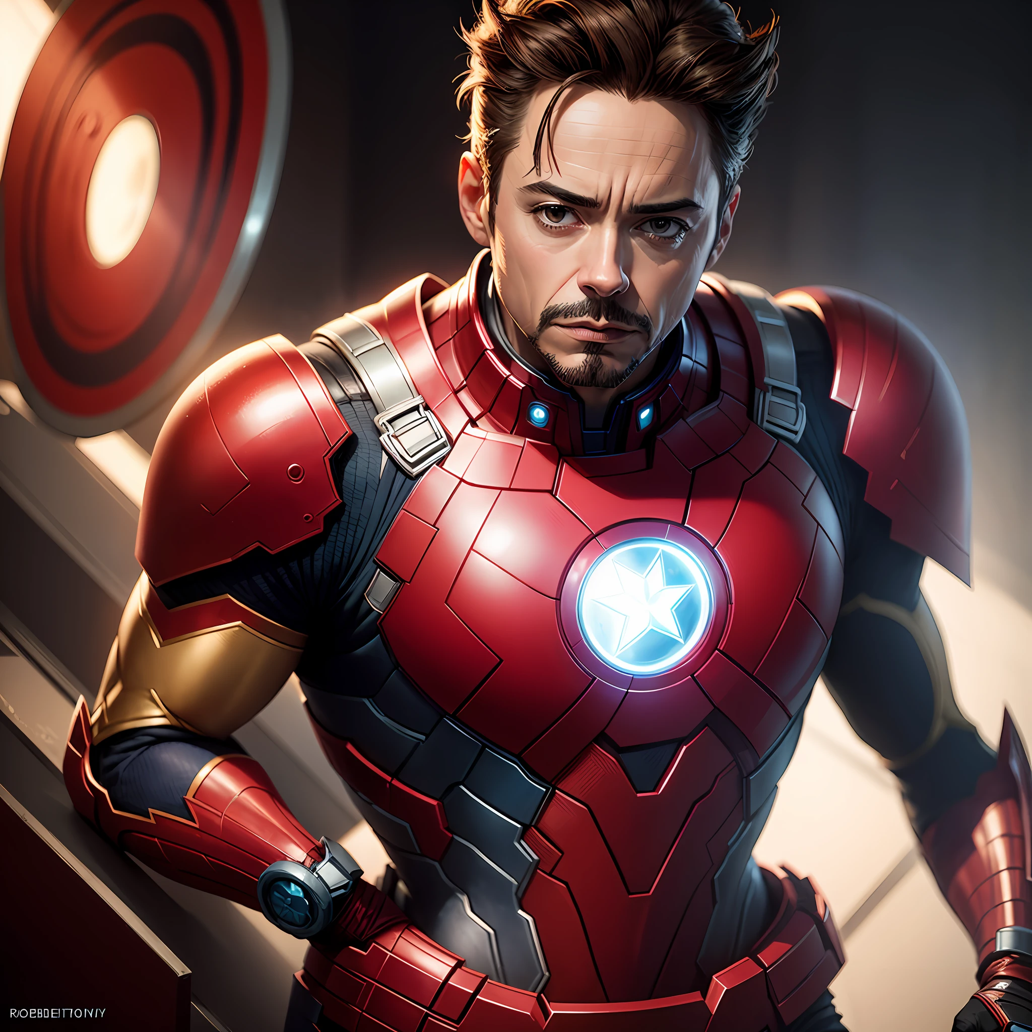 (Obra-prima), robert downey jr em vinho e dourao colorido terno homem de ferro, estilo marvel homem de ferro terno detalhe realista, vida real, perfect lighting, rosto perfeito, penteado perfeito, studio illumination, sombreamento perfeito, sombra real --auto