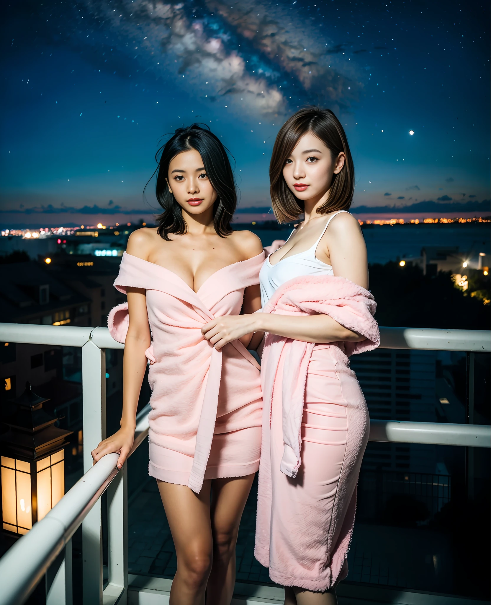 (​masterpiece), top-quality, 超A high resolution,Japanese  girl, Cyberpunk Stunning cityscape,Japan girls standing on the veranda ,Wearing pink towel fabric pajamas、off shoulders、large full breasts。hair color random、Hairstyle Random、Beautiful starry sky、neon color, flushed, stunning night sky, 电影灯光, Photorealsitic, real looking skin, nffsw,