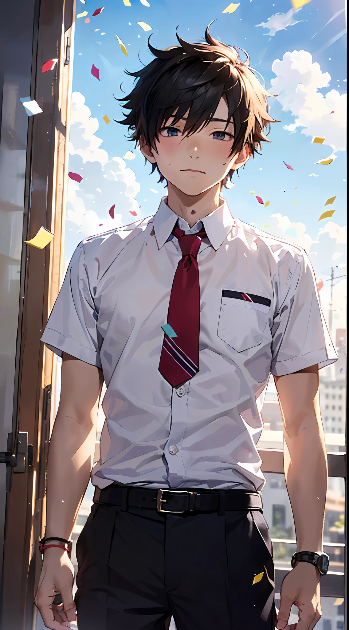 Master masterpiece、best qualtiy、8K、(16 years old male:1.5)、katsuki bakugou, blush,Grimace,(Confetti:1.2),(have a bouquet:1.2)、White shirt with short sleeves、red necktie、Beautiful sky background