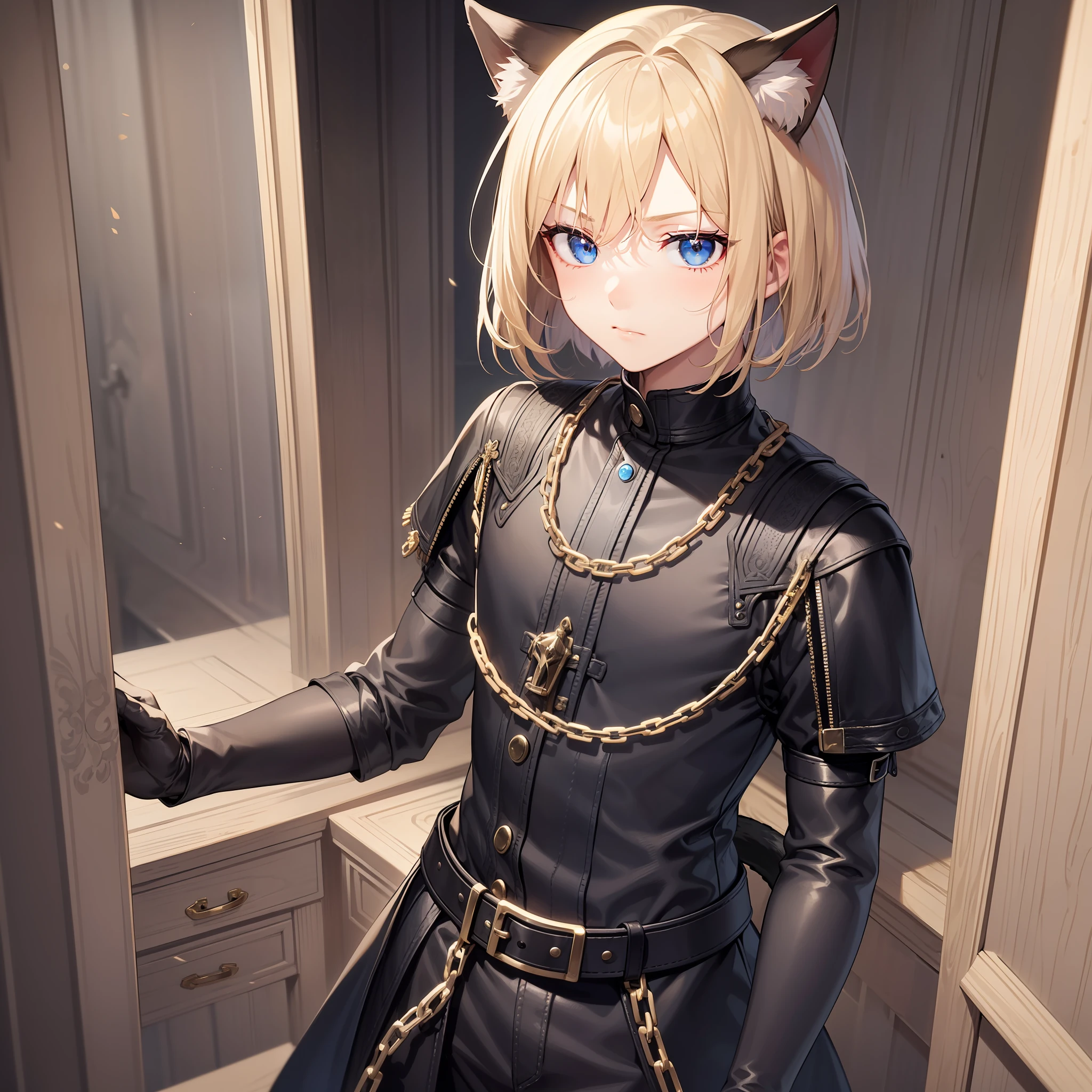 Young boy, cute facial features, blond, bob haircut, deep blue eyes, black outfit with chains and belts, cat ears and tail, many details, aristocratic, cold emotionless gaze