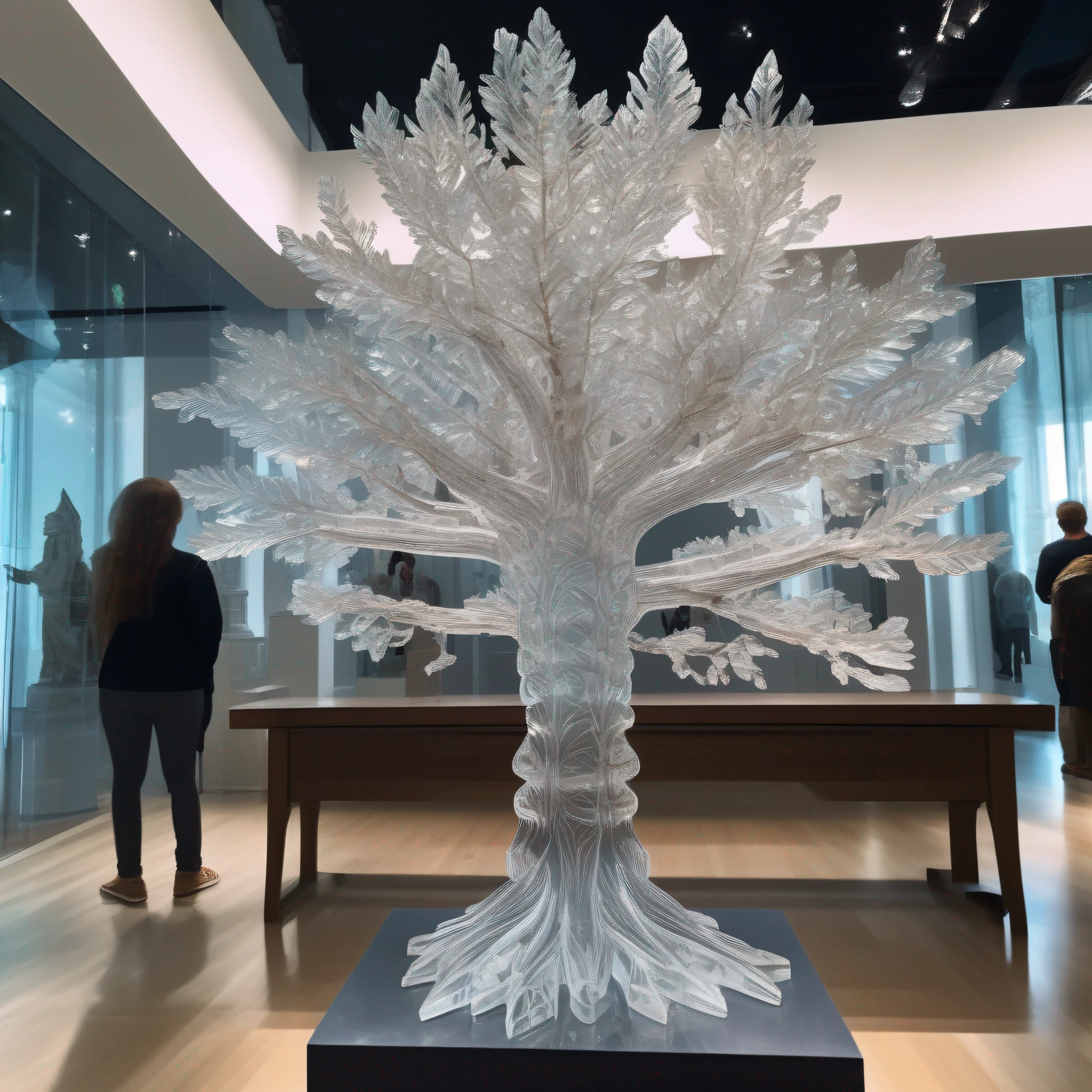 instagram photo, statue of a tree in transparent crystal, wide angle, hyper detailed, crystal eyes, studio photo, made of ornate transparent crystal, on an exhibition altar, museum background