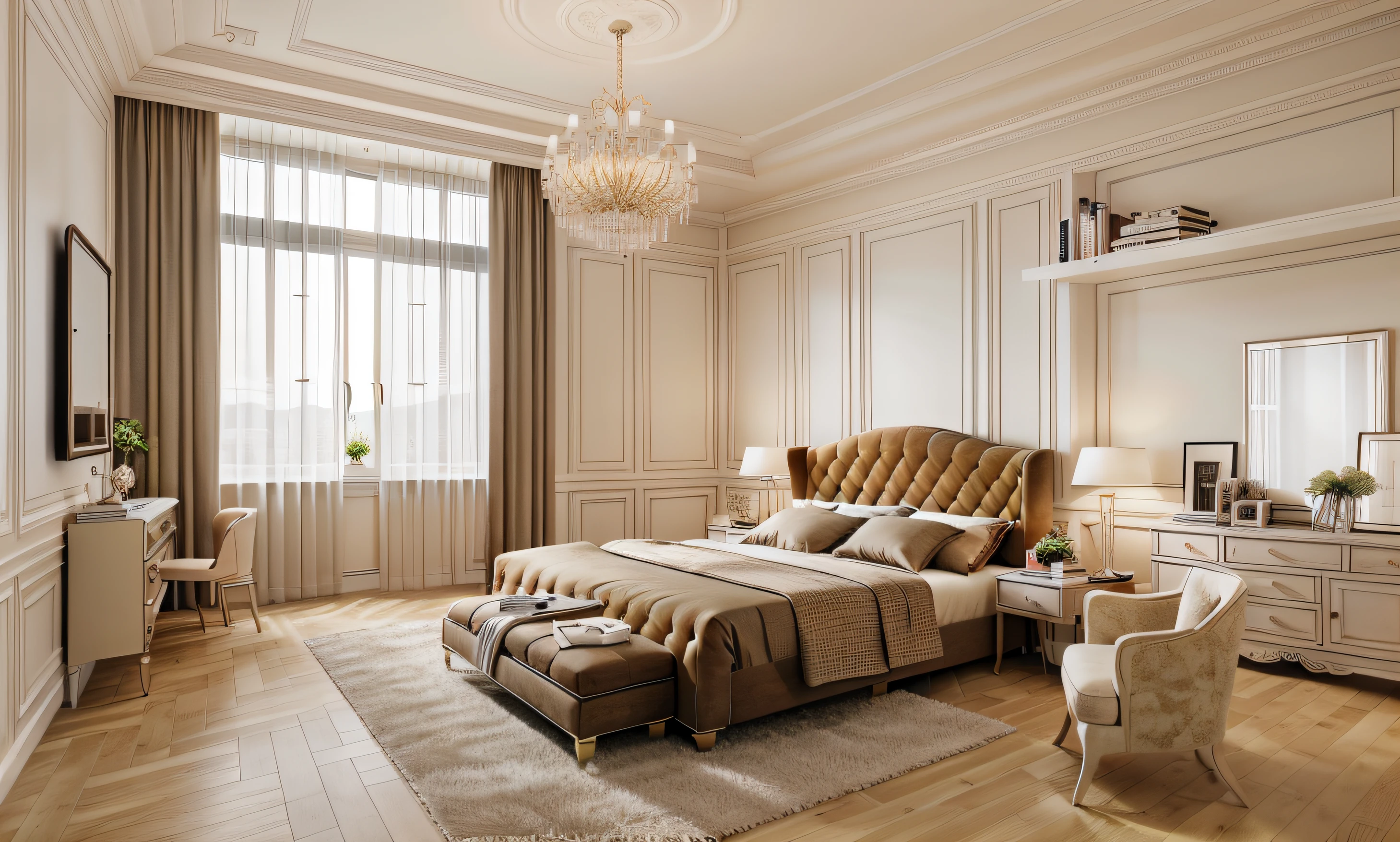 ((indoor neo classical bedroom scene.)), morden bedroom (about bedroom:1.3), (realistic), (masterpiece), super-detailed, ultra-realistic, (full detail), (high quality), (8k), (4k), 1 window from the wall to the ceiling.