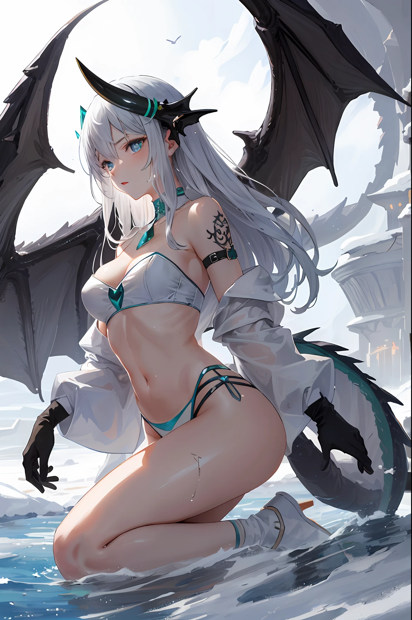 (perfectanatomy), (tmasterpiece，Need), 1girl, Solo arrogance，abdominals tattoo，Bare shoulders，(dragon girl，Dragon's horn，jewely，coda) Bathroom Sink Soaked clothes White clothes Thin and transparent （with faintly visible）Snow-white skin, soaked clothes, drenched, seductive groin, seductive thighs, beautiful legs, jade feet, perfect body, making people think of non-non-8kHD real impact （vapour ）（fog atmosphere） decor （Hazy light and shadow effects） 8kHD Maximum image quality 1080p Extreme Fine Details, Ultra-high resolution, Holography, Fantastic light and shadow effects, Color grading effects, crystal clear, crystal clear, upper body