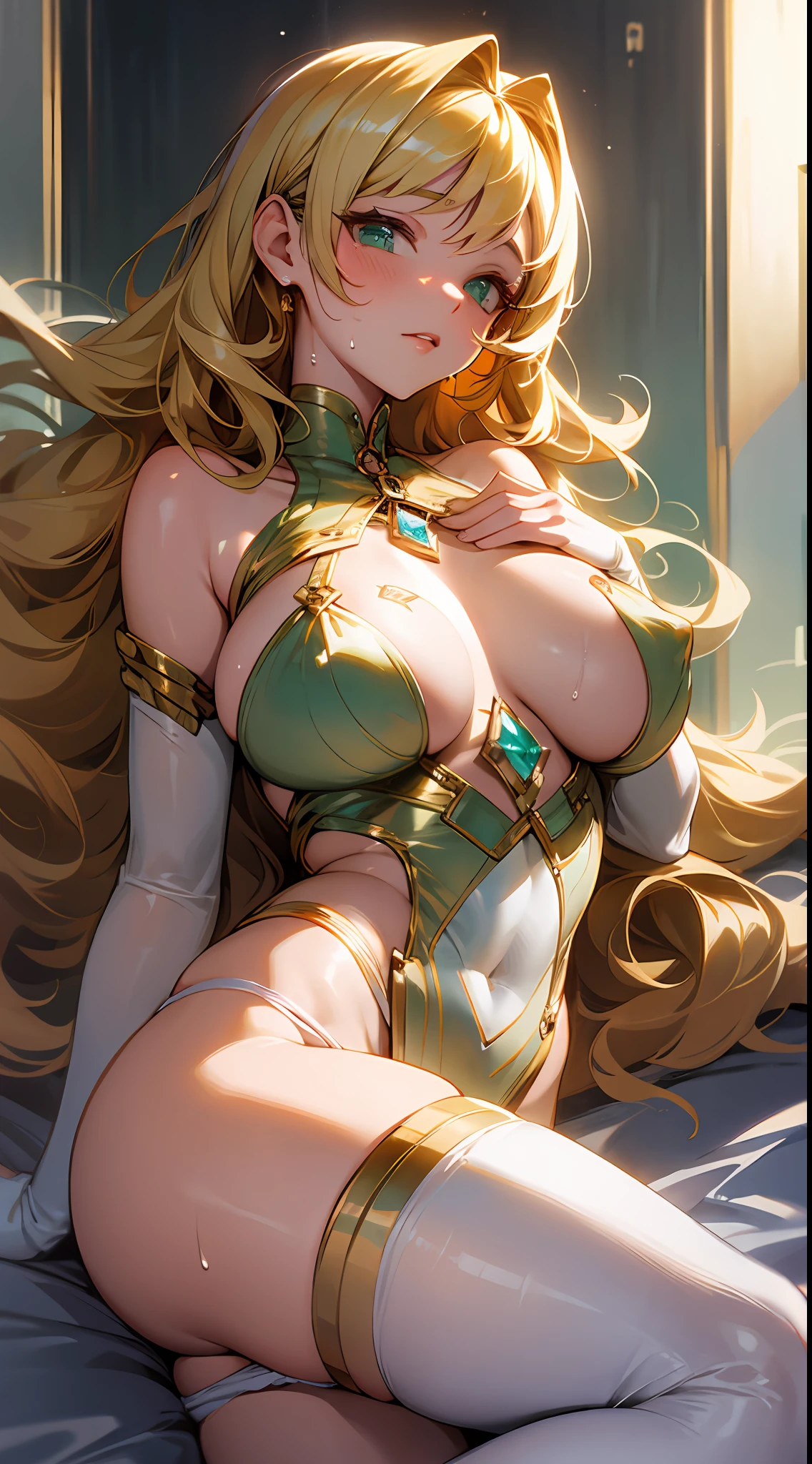 “（（tmasterpiece））），best qualtiy，ultra - detailed，high resolution 8k CG wallpaper，Amazing，Exquisite and beautiful illustrations，dynamic angle，dynamicposes，（1个Giant Breast Girl），green-eyed，Golden hair+luminous hair：1.3 +curlies：1.2 +extra very long hair+Perfect hair：1.3 +Ultra-detailed hair：1.3），Raised sexy，Neck gemstones，beauitful face，（Mountain landscape，Shade，Naked teenage girl lying on soft bed，Girly curve，Extra-long white blonde hair，with long coiled hair，Blonde hair ends，Tight strangle，Fleshy thighs，nakeness，Skin-shining，Transparent tights，Soft and smooth，Dew on the chest，tit，Breast patches，Clear breast patches，Tong，transparent panty，Wet panties，Soft panties，Soft underwear，Soft cloth，Take off your panties，Nipple rings