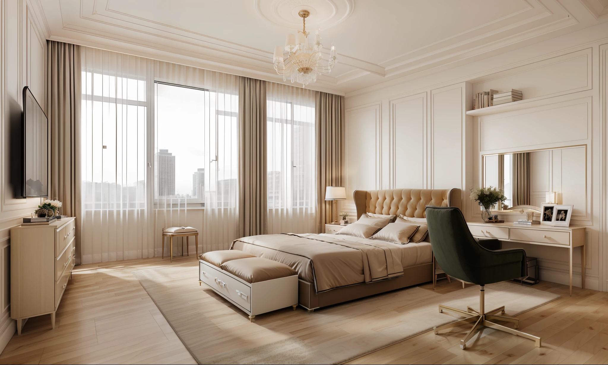 ((indoor neo classical bedroom scene.)), morden bedroom (about bedroom:1.3), (realistic), (masterpiece), super-detailed, ultra-realistic, (full detail), (high quality), (8k), (4k), 1 window from the wall to the ceiling.