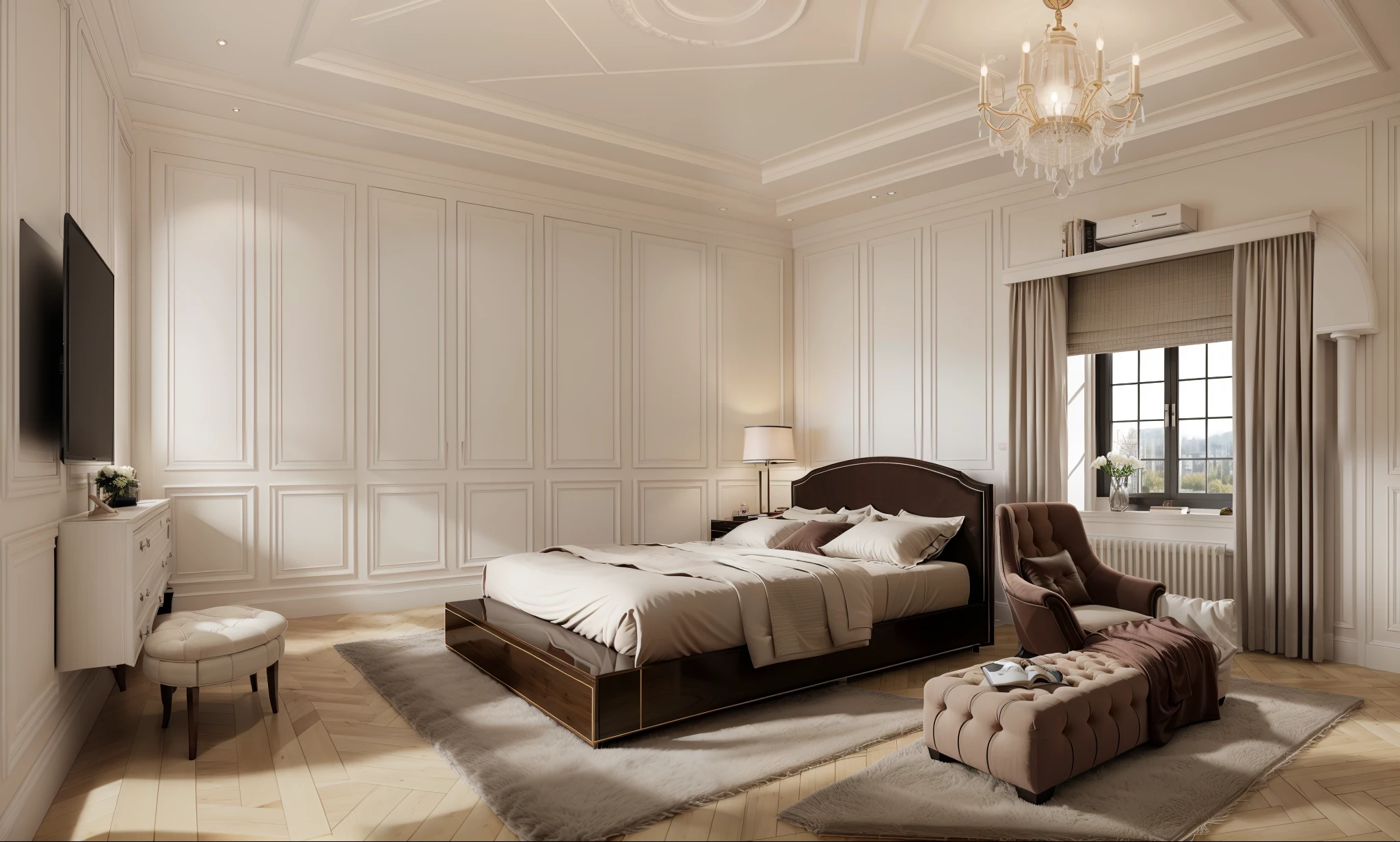 ((indoor neo classical bedroom scene.)), morden bedroom (about bedroom:1.3), (realistic), (masterpiece), super-detailed, ultra-realistic, (full detail), (high quality), (8k), (4k), 1 window from the wall to the ceiling.