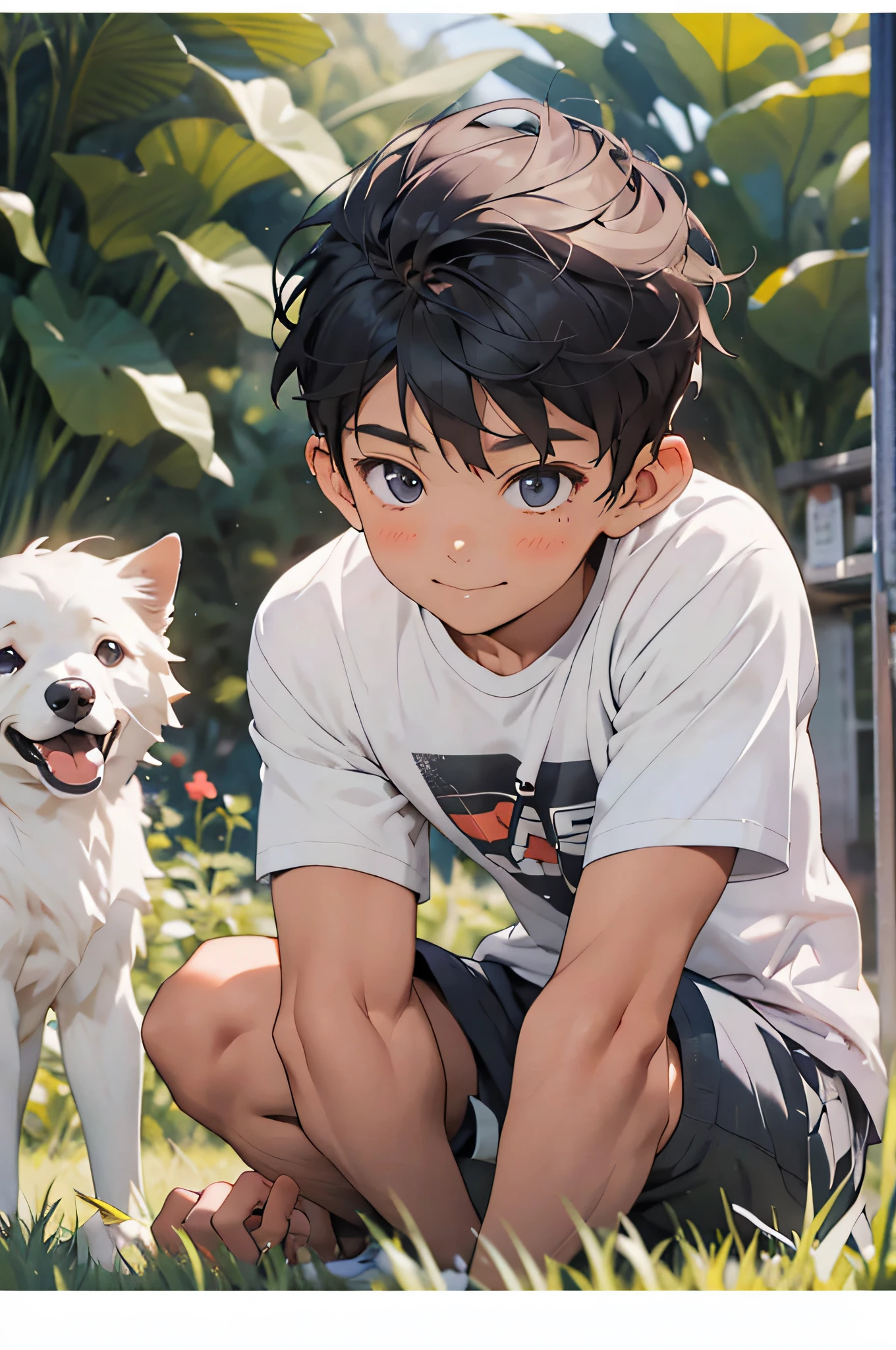 realisticlying,(tmasterpiece,top Quority,best qualtiy),1 boy,Pet dogs,looking to the camera,simplebackground,ssmile,Black super short hair,Handsome man,white short sleeve