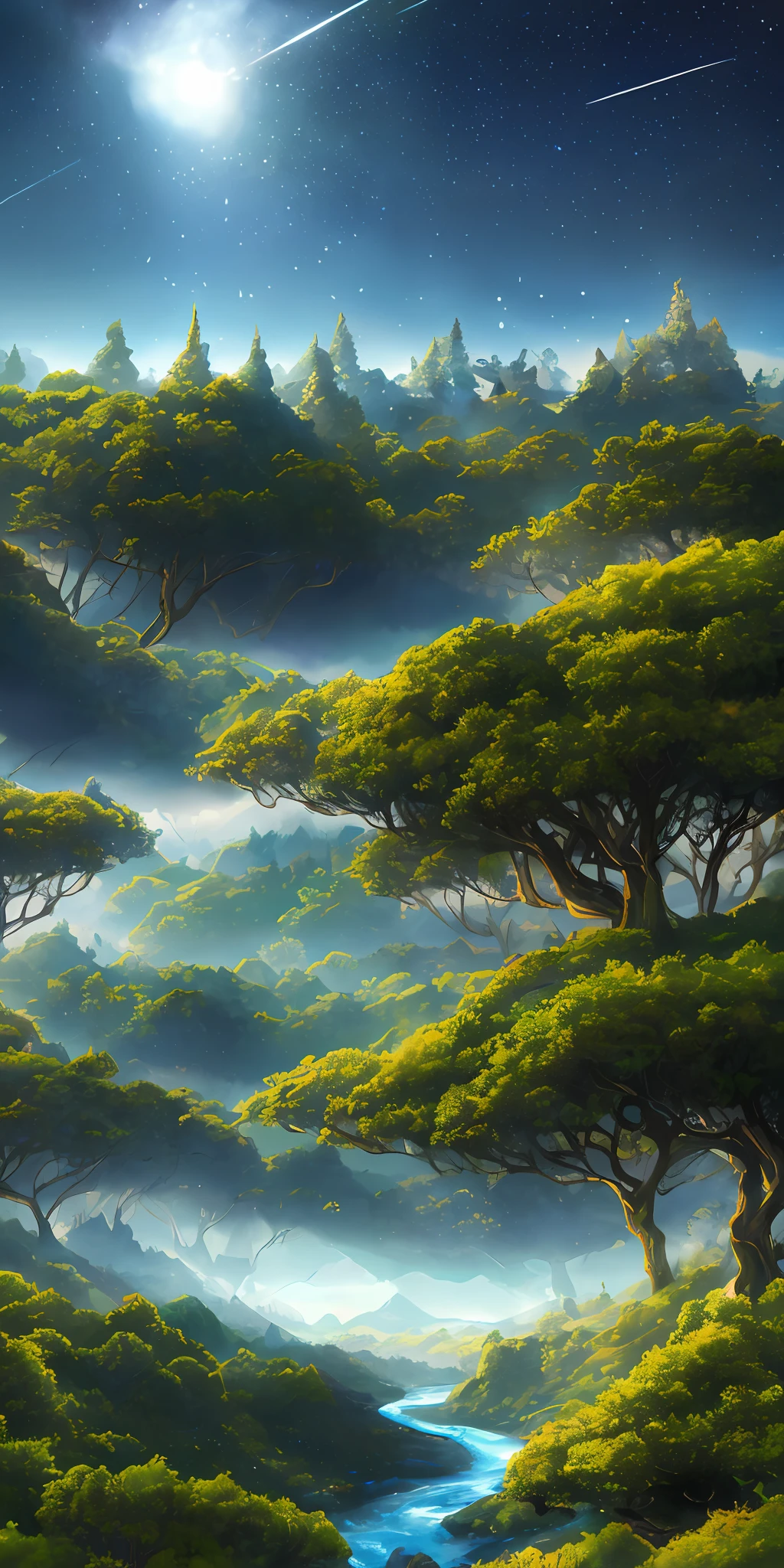 Illustration of a surreal, otherworldly, hyper sky scene including a giant crystal tree full body, highly detailed and magical lighting, intricate forest details, vegetation and surrounding river, solar punk, landscape, giant tree , beautiful green leaves, beautiful lighting and realistic proportions, as if this is a movie background, 8k, highest quality, masterpiece, clouds and stars in the sky.