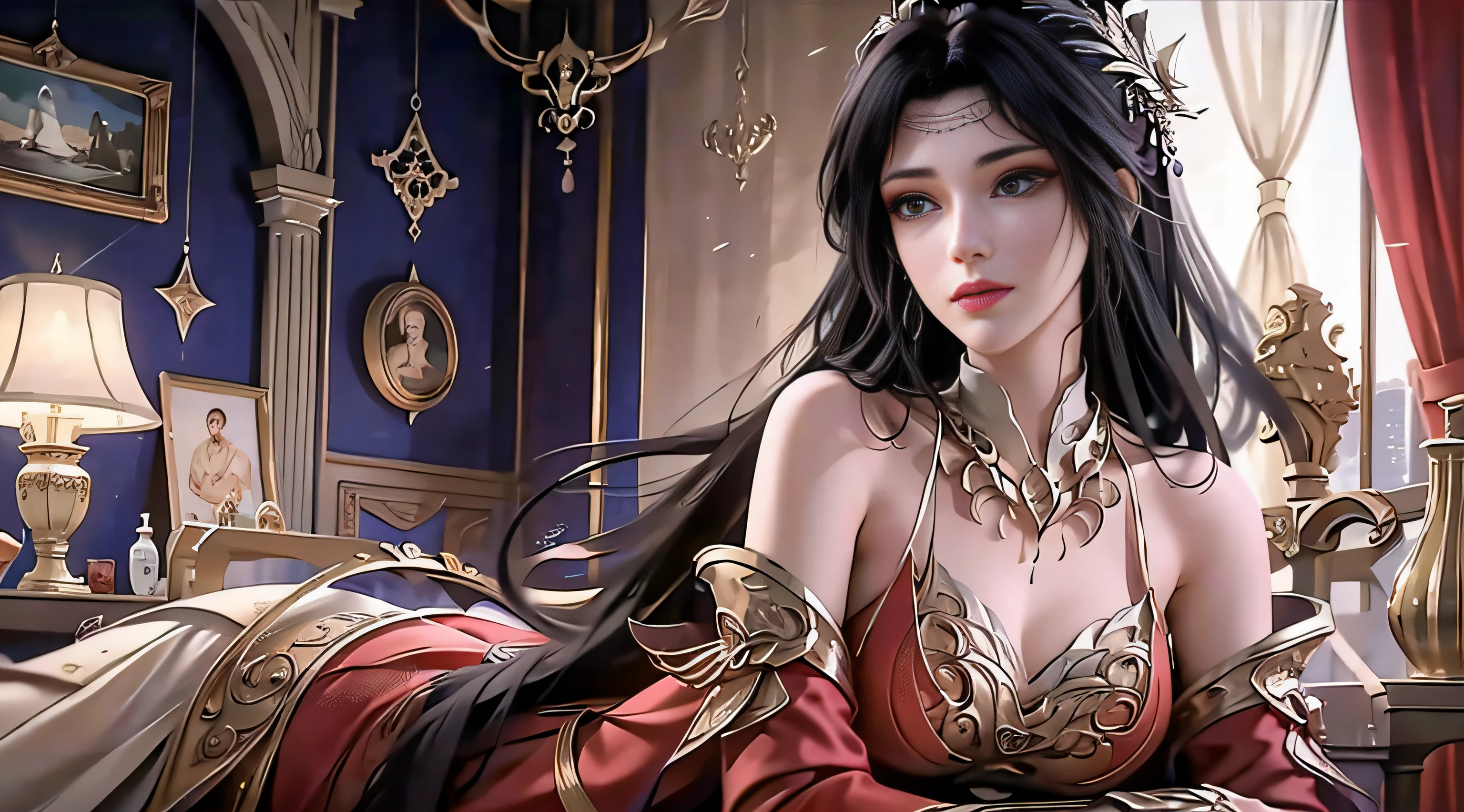 best qualtiy，tmasterpiece，Extremely Delicately Beautiful，The is very detailed，CG，unified，8k wallpaper，Beautiful Meticulous Girl，（very vey very detailed face）， 1girll，独奏，full bodyesbian，Lie in a gorgeous room，Wearing a long red dress，Huge