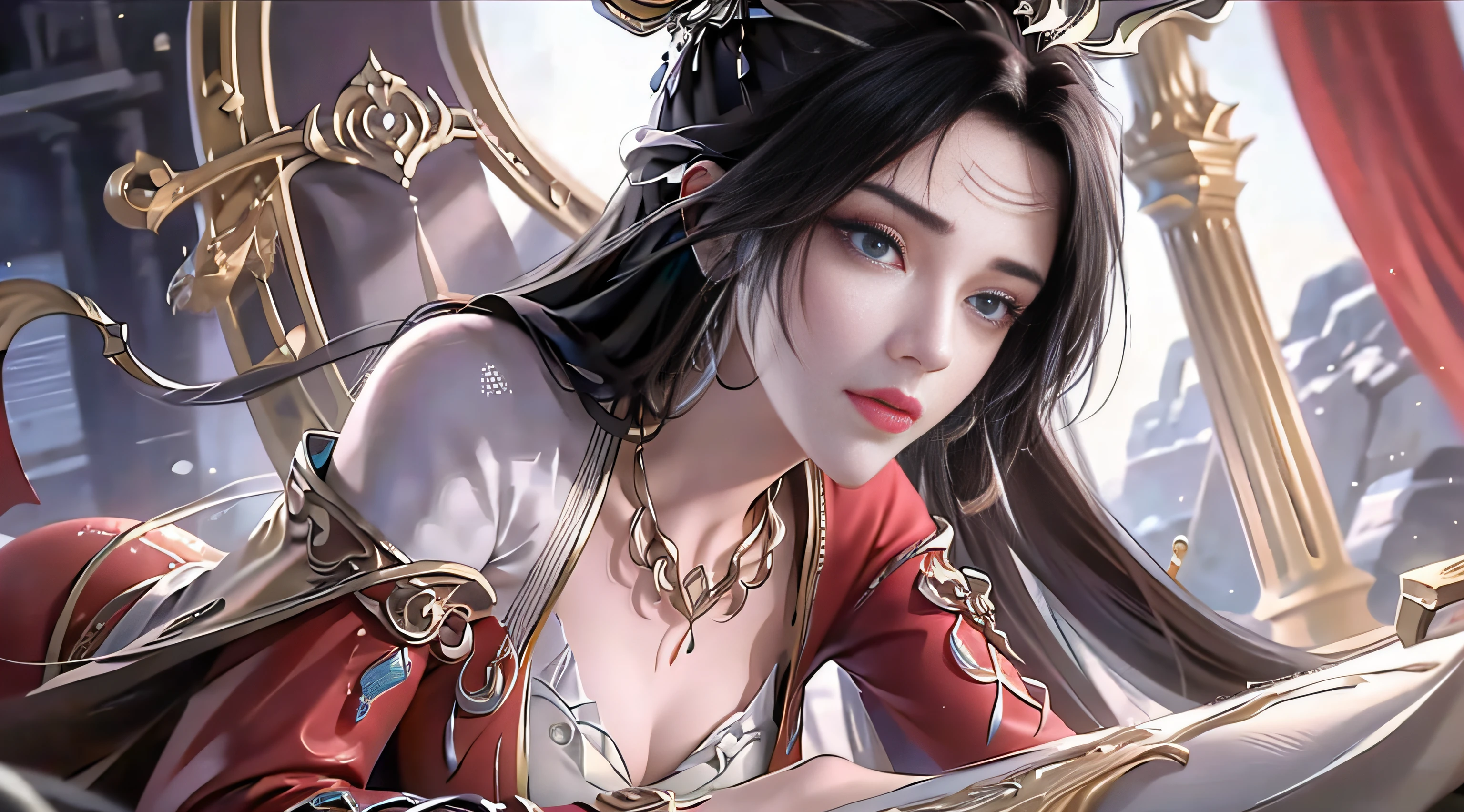 best qualtiy，tmasterpiece，Extremely Delicately Beautiful，The is very detailed，CG，unified，8k wallpaper，Beautiful Meticulous Girl，（very vey very detailed face）， 1girll，独奏，full bodyesbian，Lie in a gorgeous room，Wearing a long red dress，Huge