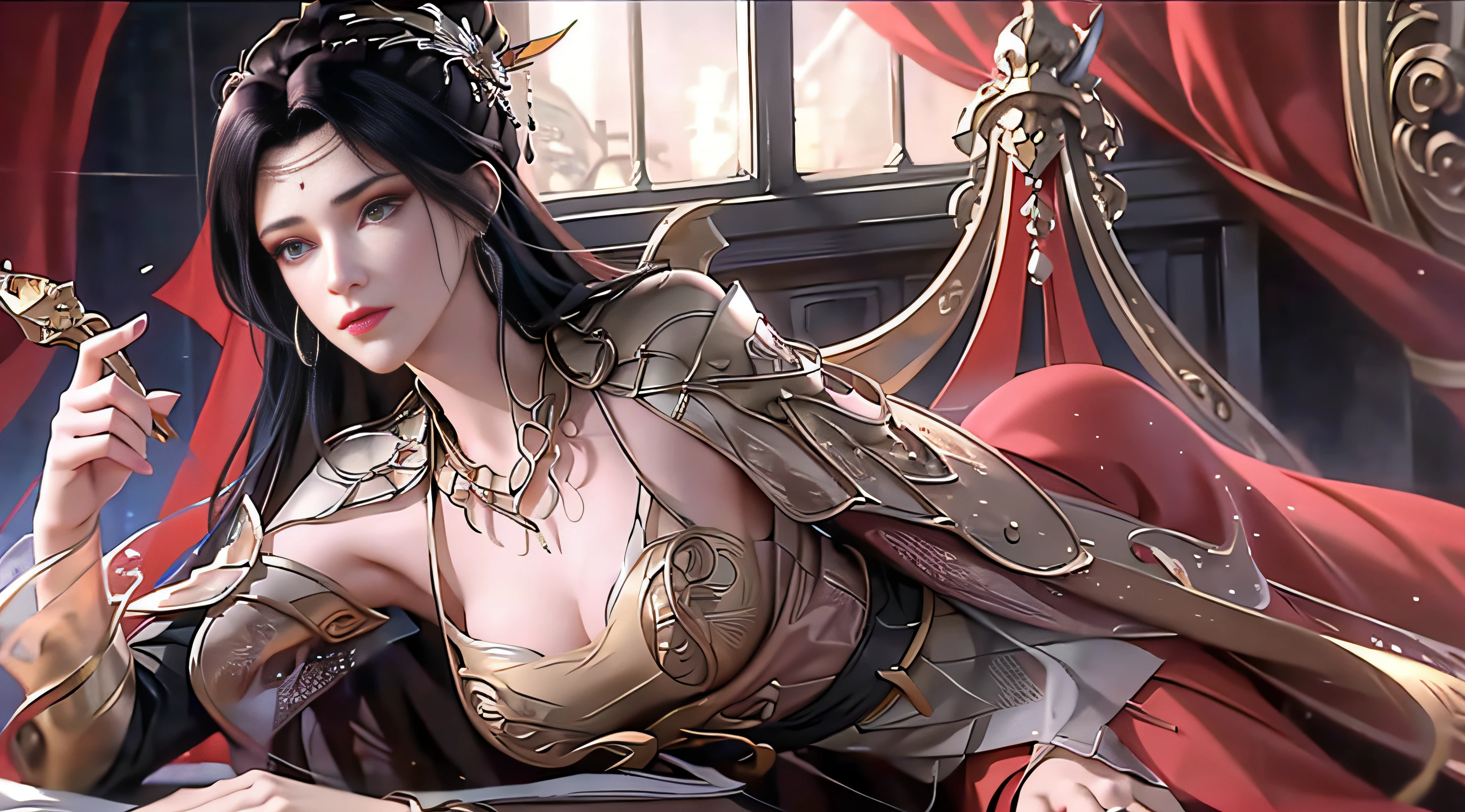 best qualtiy，tmasterpiece，Extremely Delicately Beautiful，The is very detailed，CG，unified，8k wallpaper，Beautiful Meticulous Girl，（very vey very detailed face）， 1girll，独奏，full bodyesbian，Lie in a gorgeous room，Wearing a long red dress，Huge