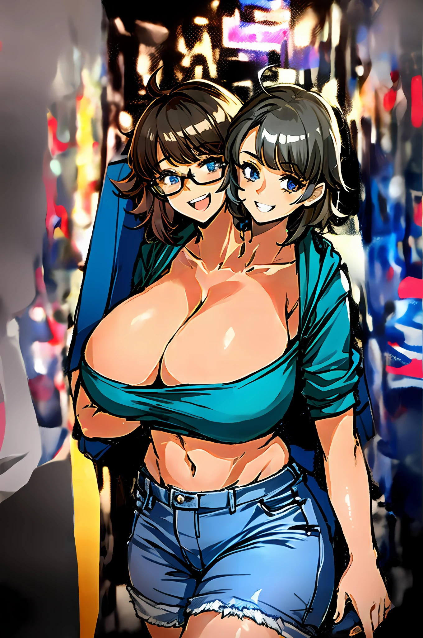 2heads, a short chubby woman with 2 heads. She has enormous breasts. She has messy hair. She looks nerdy. She is wearing a baggy hoodie and jeans. She is in an arcade that is only lit by arcade games. She looks excited. Her breasts are gigantic.