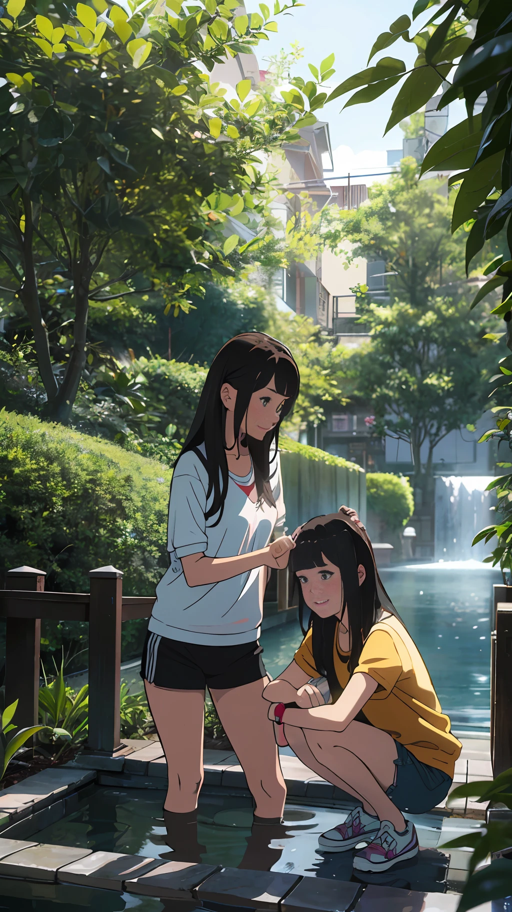 Real Style, ultra-quality, ultra high detailed, The ultra -The high-definition, Super cute girl, kindly smile, Wet, Spoblar, Two large bulges in a horizontal row inside the spobbla, Ultra shorts, crouching down, bending forward, hands on each knee, ((Four fingers and a short thumb)), a park, with light glowing, morning, Qing々Right, Look at viewers --auto