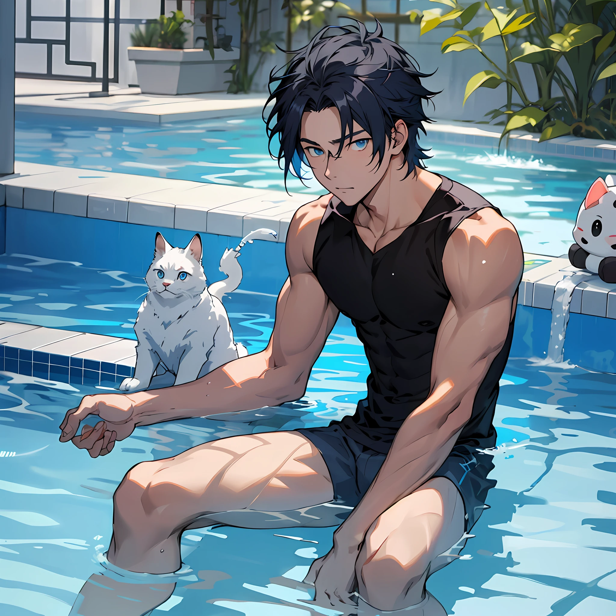 best qualtiy:1.0),(超高分辨率:1.0),Anime boys,with short black hair,blue color eyes,Sitting in the pool,