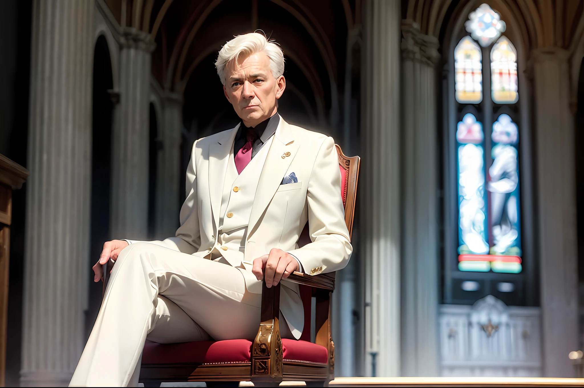 Ultra HD picture white suit man angular sitting on a church chair --auto