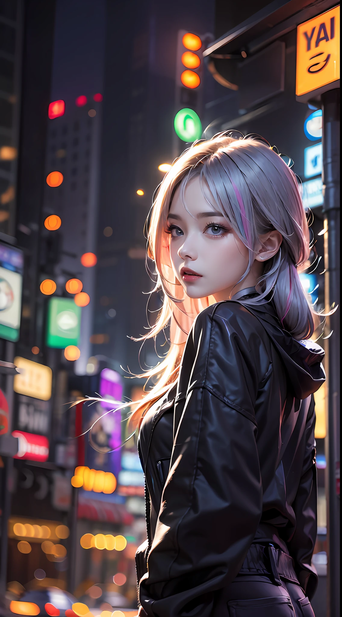 (masterpiece, high quality, highres,illustration), 1girl, galaxy multicolored hair in New york city at night with orange fog, cybercity,