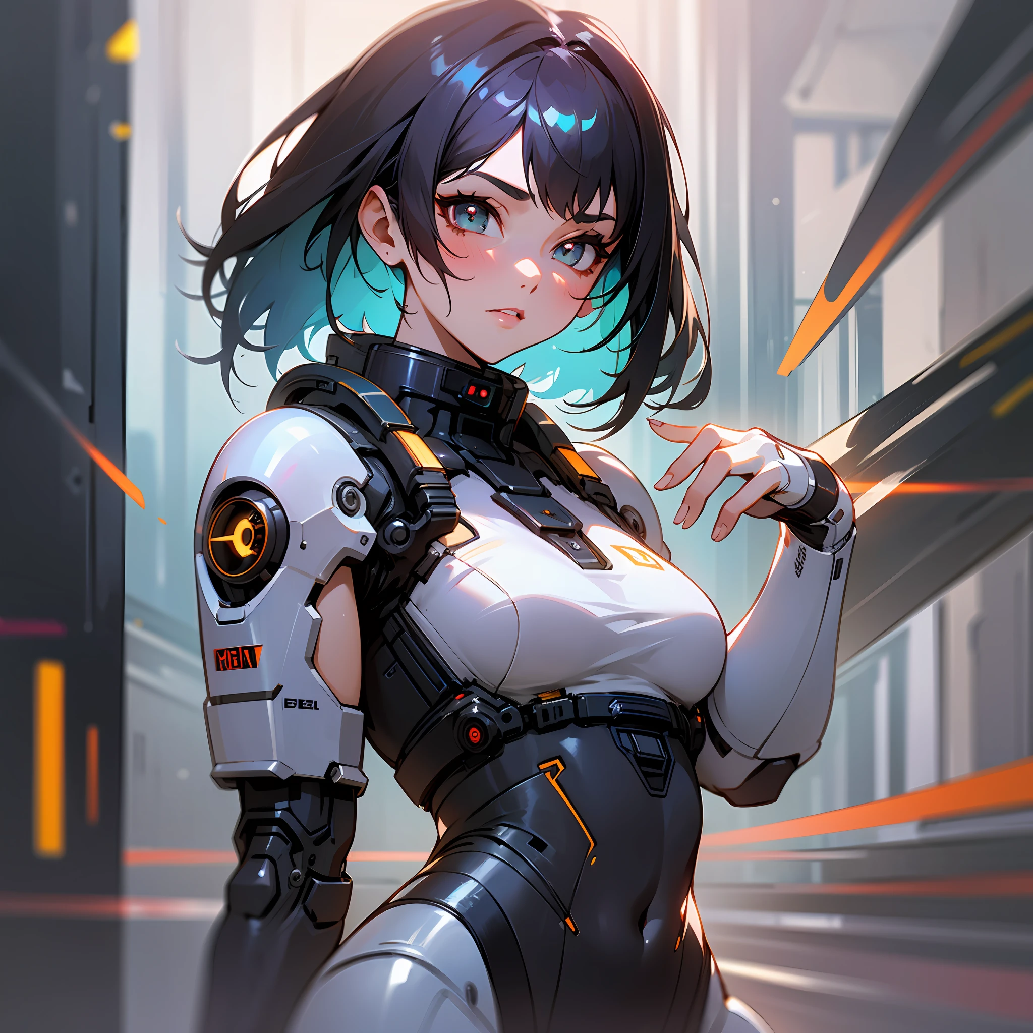 dreamy cyberpunk girl，独奏, full-body tights, tmasterpiece, Best quality at best, realisticlying, ultra - detailed, (shiny skins, perspired:1.4), , looking at viewert, with short black hair, with brown eye,slenderness,Dynamic light and shadow,A high resolution,Sharp focus,depth of fields,The eyes are delicate,Sharp pupils,pupil realistic,(Thigh thick:1.0),Cyberpunk Street，horse tailed, wojtek fus, perfect android girl,，Cyberpunk 2 0 y. o model girl，female cyberpunk anime girl，high high quality --auto