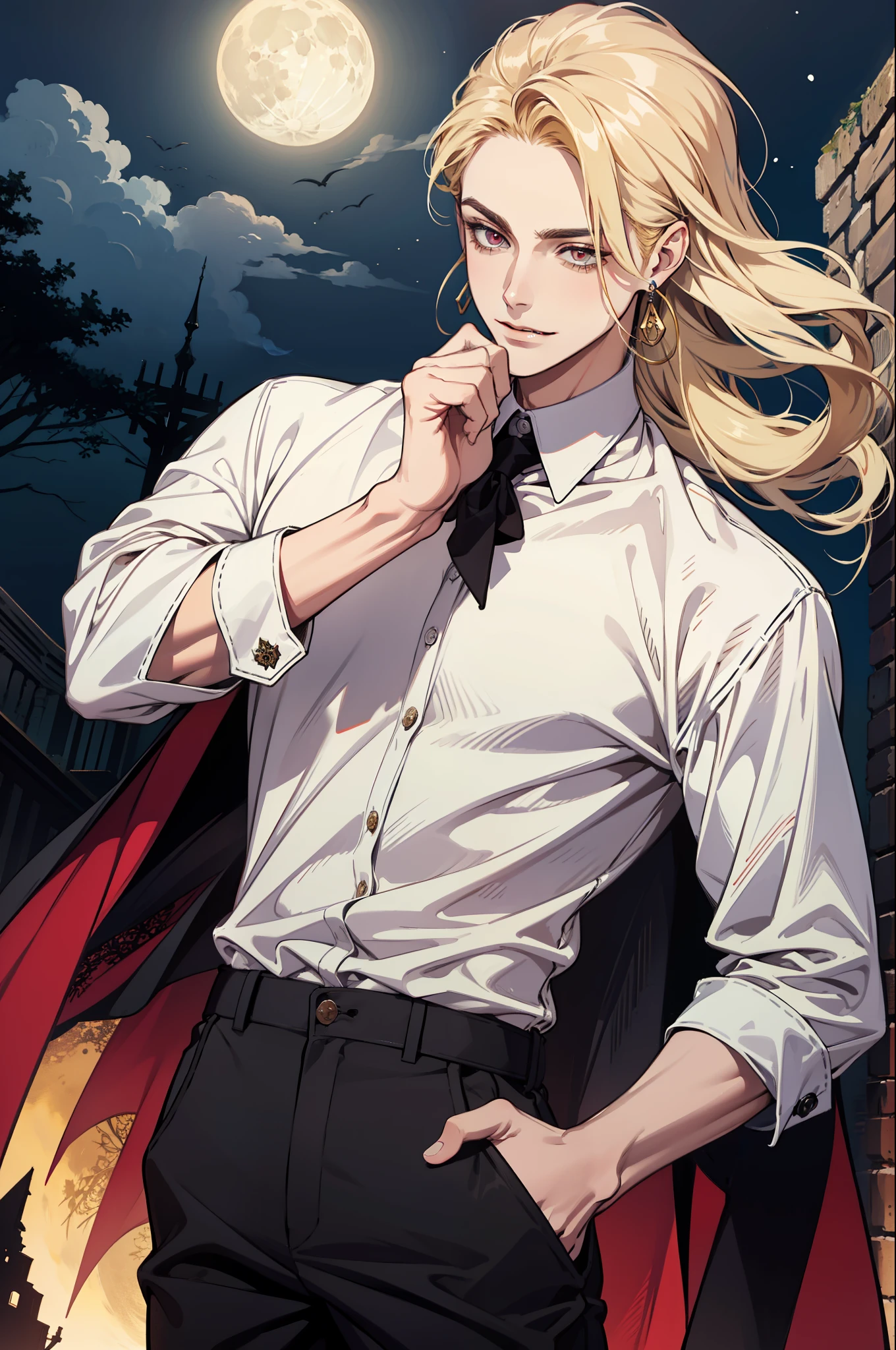 (absurdres, highres, ultra detailed), 1man, 30 years old man, adult man, handsome, tall,, finely detailed eyes and detailed face, leather pants, (((white shirt))), night, smile, dutch angle, ((long hair, blonde hair)), moon, gold details, earrings, gothic, vampire, vampire prince, dark, simple clothes, looking at the view, pale skin, red detailed eyes, (masculine), sexy, elegant, long bangs, detailed hands