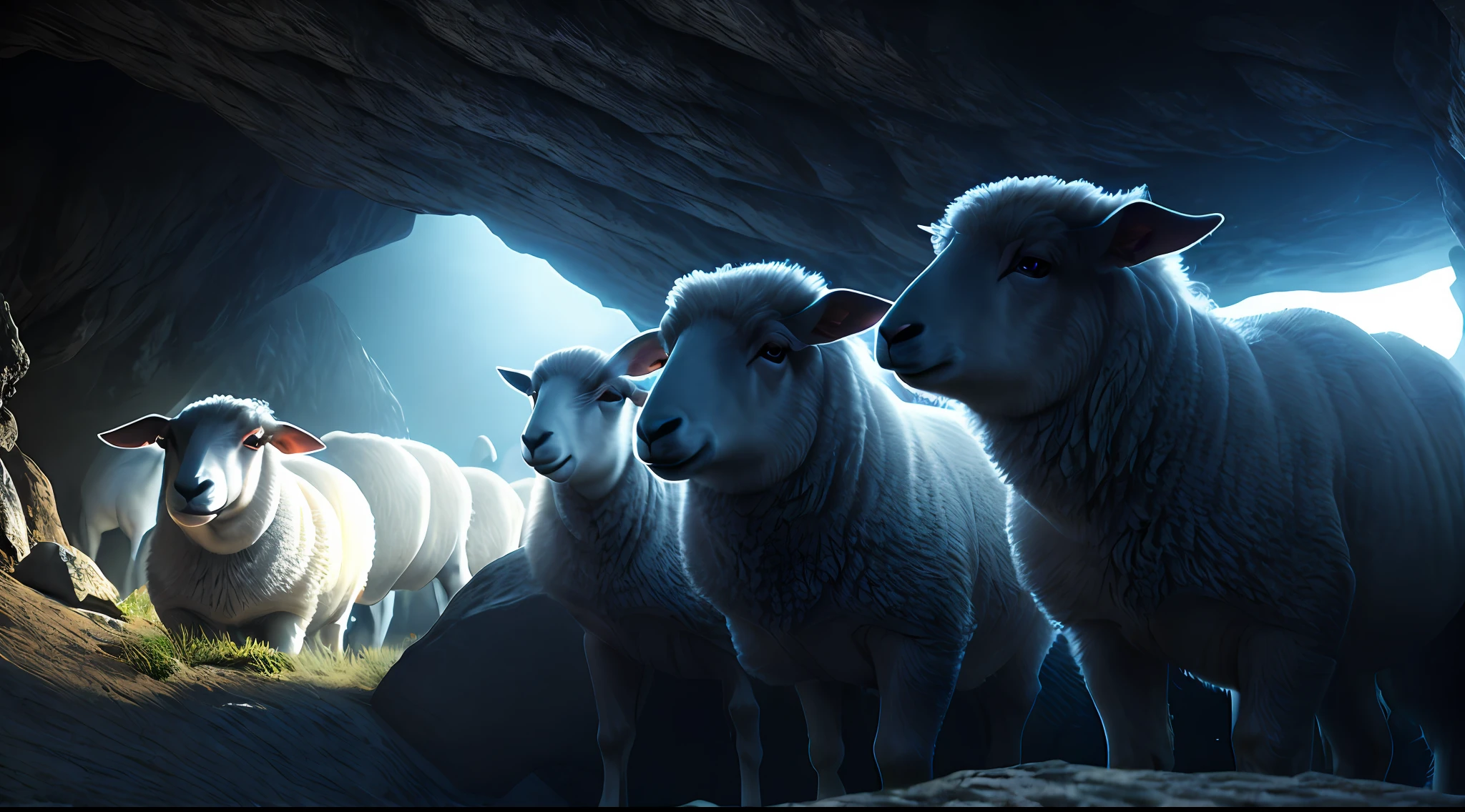 close-up shot of several frightened sheep inside a cave, soft (backlight: 1.3), volumetric lights (Cinematics: 1.2), intricate detail (season art: 1.3), Rutkowski