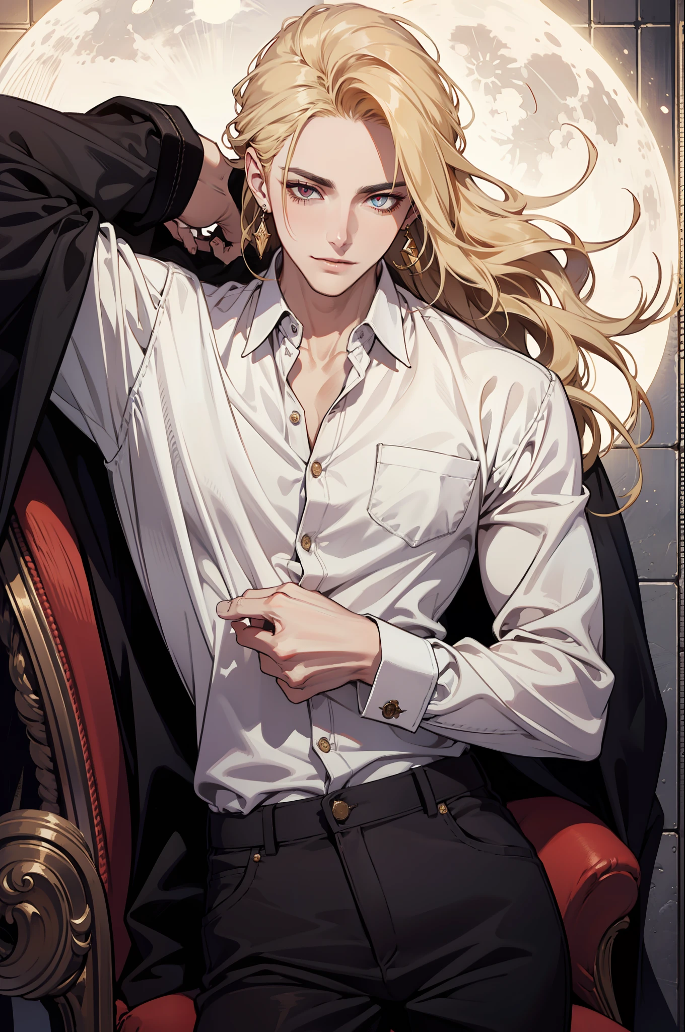 (absurdres, highres, ultra detailed), 1man, 30 years old man, adult man, handsome, tall,, finely detailed eyes and detailed face, leather pants, (((white shirt))), night, smile, dutch angle, ((long hair, blonde hair)), moon, gold details, earrings, gothic, vampire, vampire prince, dark, simple clothes, looking at the view, pale skin, red detailed eyes, (masculine), ????, elegant, long bangs, detailed hands