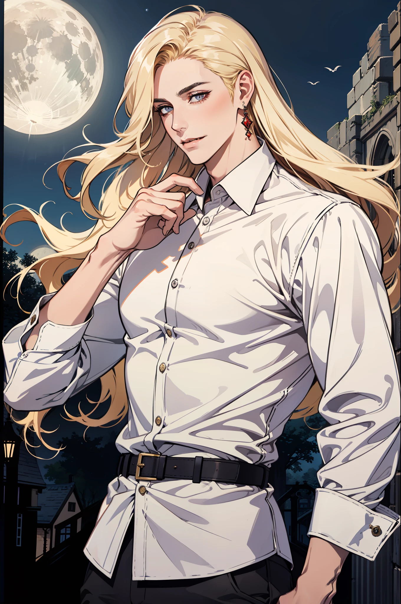 (absurdres, highres, ultra detailed), 1man, 30 years old man, adult man, handsome, tall,, finely detailed eyes and detailed face, leather pants, (((white shirt))), night, smile, dutch angle, ((long hair, blonde hair)), moon, gold details, earrings, gothic, vampire, vampire prince, dark, simple clothes, looking at the view, pale skin, red detailed eyes, (masculine), sexy, elegant, long bangs, detailed hands