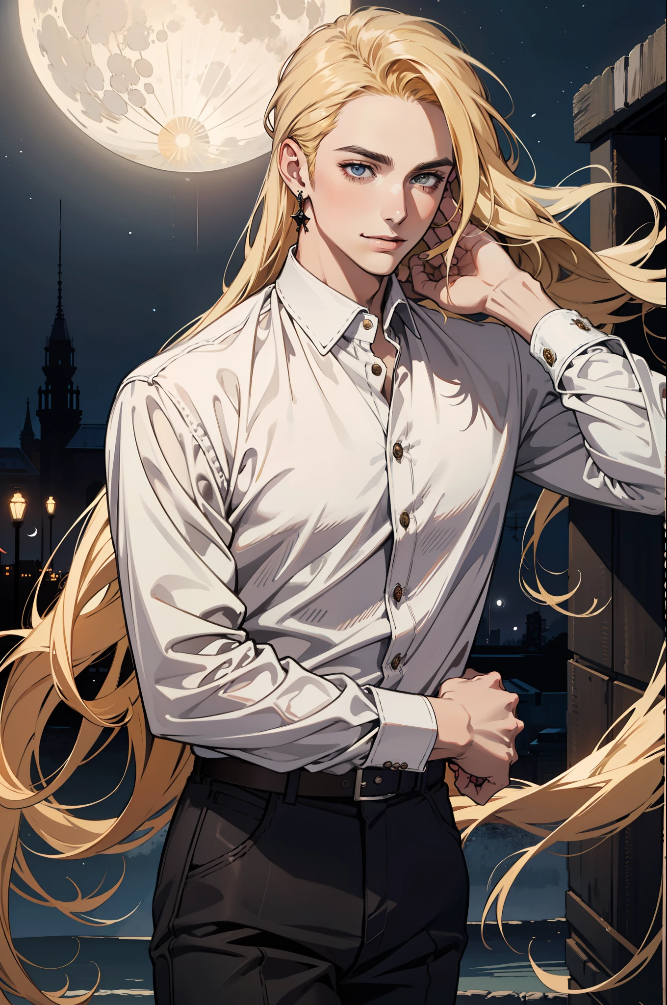 (absurdres, highres, ultra detailed), 1man, 30 years old man, adult man, handsome, tall,, finely detailed eyes and detailed face, leather pants, (((white shirt))), night, smile, dutch angle, ((long hair, blonde hair)), moon, gold details, earrings, gothic, vampire, vampire prince, dark, simple clothes, looking at the view, pale skin, red detailed eyes, (masculine), sexy, elegant, long bangs, detailed hands