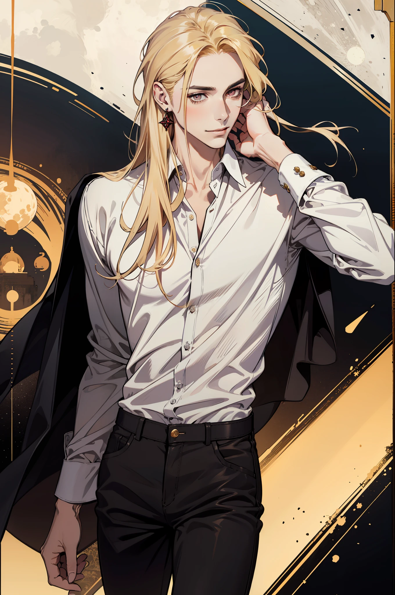 (absurdres, highres, ultra detailed), 1man, 30 years old man, adult man, handsome, tall,, finely detailed eyes and detailed face, leather pants, (((white shirt))), night, smile, dutch angle, ((long hair, blonde hair)), moon, gold details, earrings, gothic, vampire, vampire prince, dark, simple clothes, looking at the view, pale skin, red detailed eyes, (masculine), sexy, elegant, long bangs, detailed hands