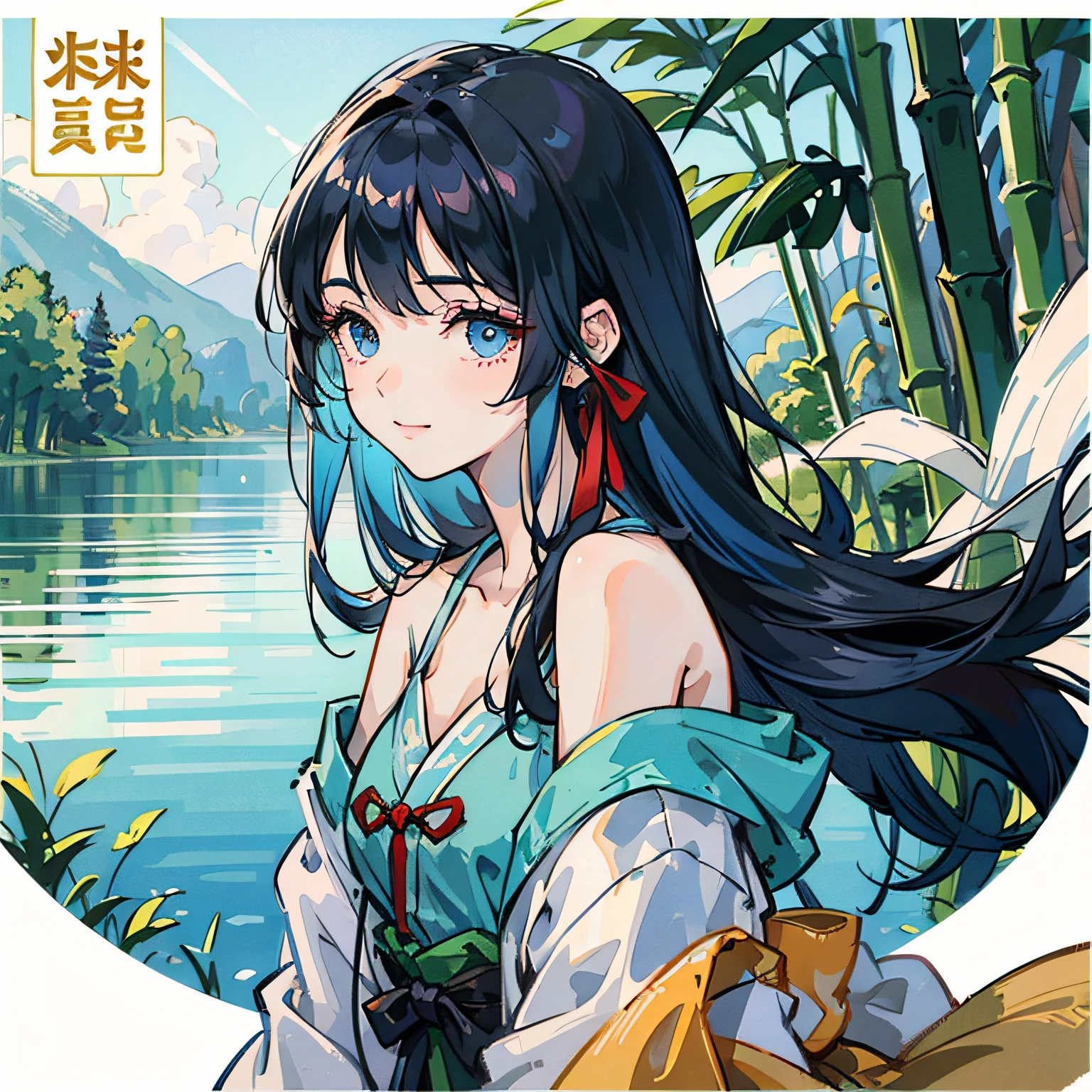 Masterpiece, best quality, official art, 8k wallpaper, highly detailed, illustration, 1 girl, sky blue hair, long hair, detailed eyes, Forrest Gump, bare shoulders, hanfu, lake, pure, soft smile, bamboo, tea --auto