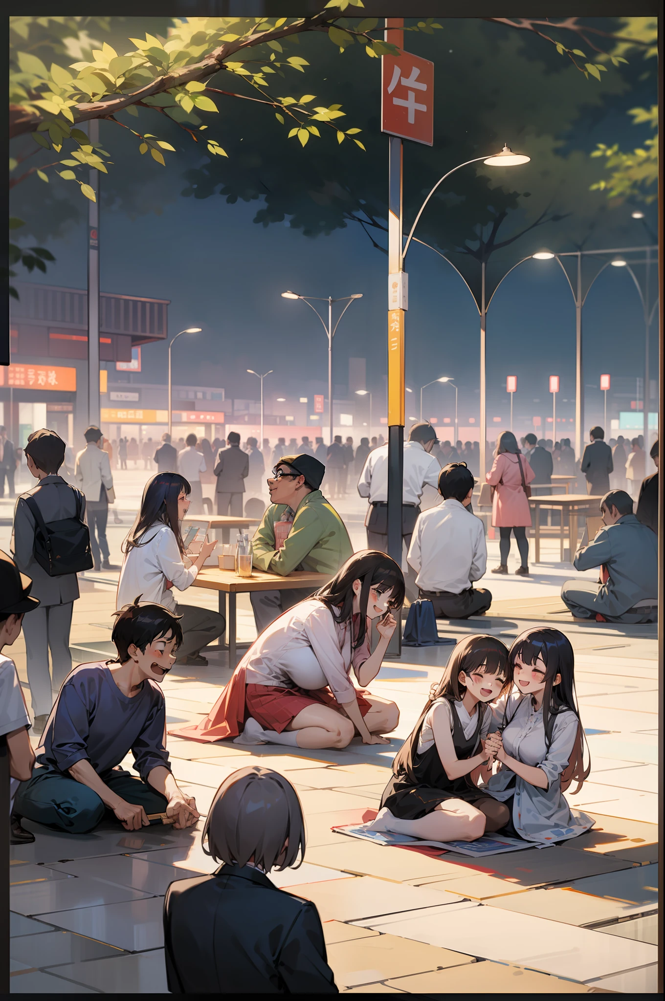 城市，Plaza，lots of people，having fun，blissful