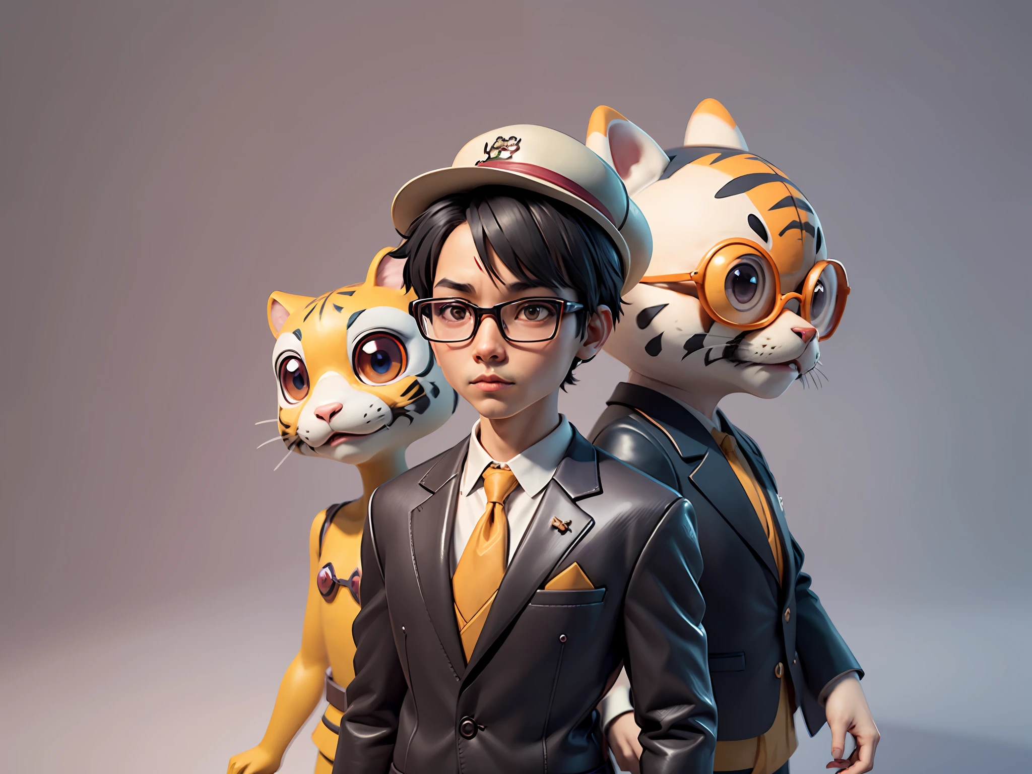 Young man with oriental face in leather hat, tiger, oriental face in formal suit, short black hair, silver glasses, digital painting, 3D character design by Mark Clairedon and Pixar and Hayao Miyazaki and Akira Toriyama, the illustration is a high-definition illustration in 4K resolution with very detailed facial features and cartoon-style visuals.