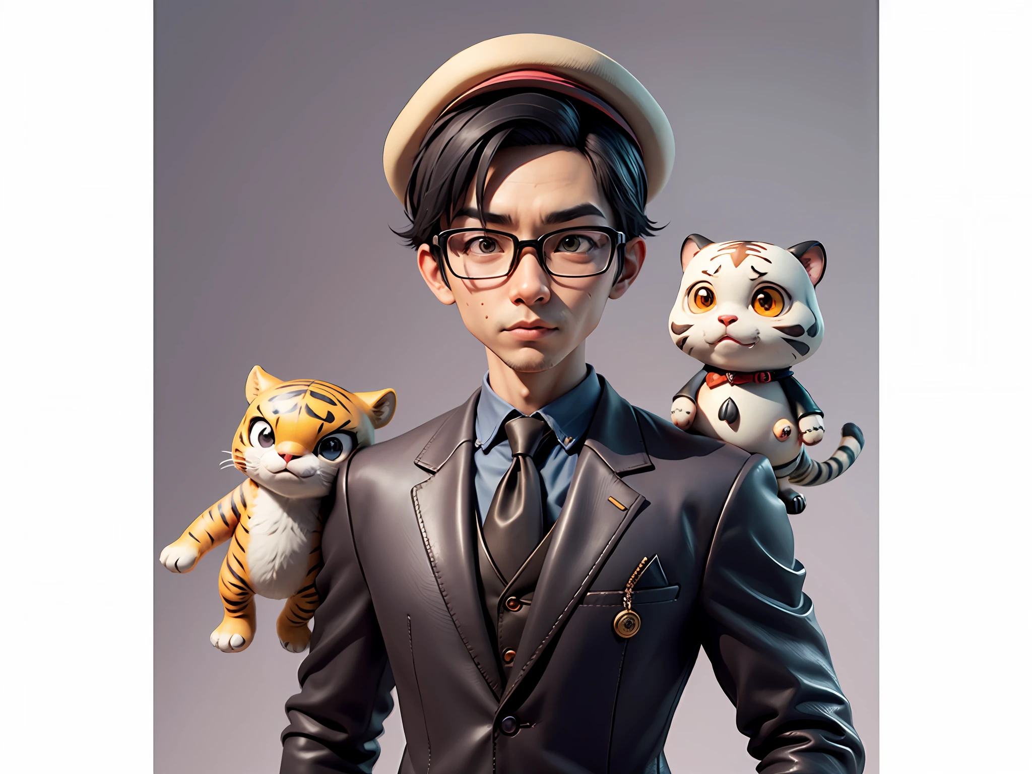 Young man with oriental face in leather hat, tiger, oriental face in formal suit, short black hair, silver glasses, digital painting, 3D character design by Mark Clairedon and Pixar and Hayao Miyazaki and Akira Toriyama, the illustration is a high-definition illustration in 4K resolution with very detailed facial features and cartoon-style visuals.