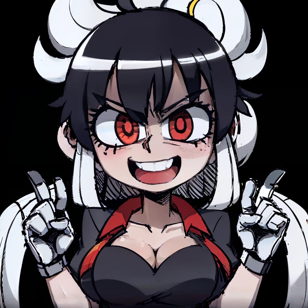 tmasterpiece,teens girl,Bigchest,bust,Hands behind you,Be red in the face,big laughter,tense expression,holding a pistol,black color hair,Cold,Blue pick dye,Highest image quality