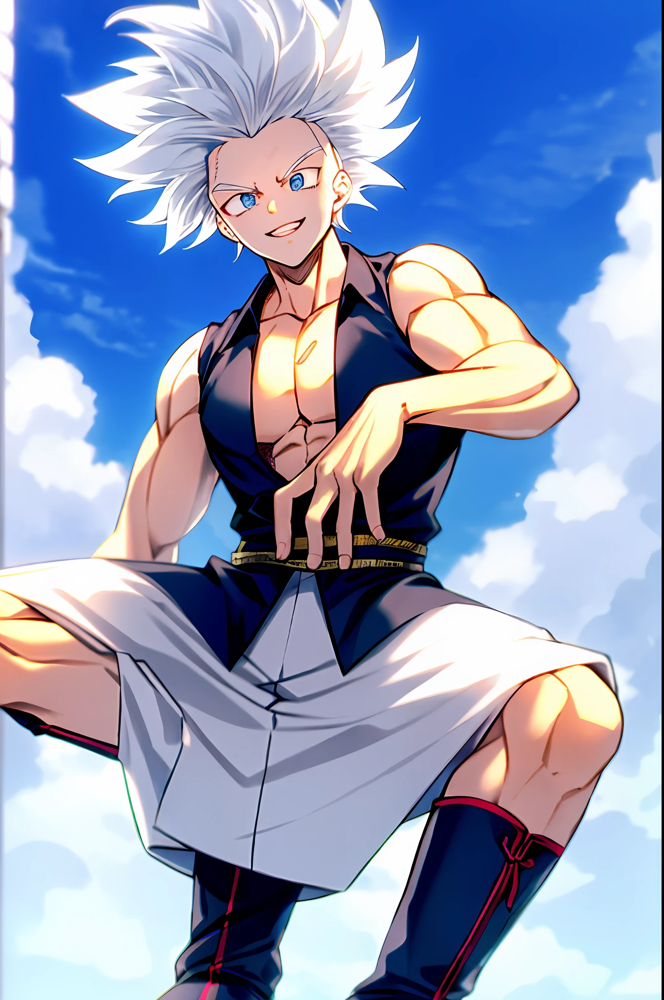 Cabelo platinado, cabelo espetado, olhos azuis, kimono pants, musculoso, pose, munhequeira preta, botas estilisada, Blurry Blue Sky, geleira, foco masculino, faxa, camisa preta, sorriso, dentes, ((obra-prima))